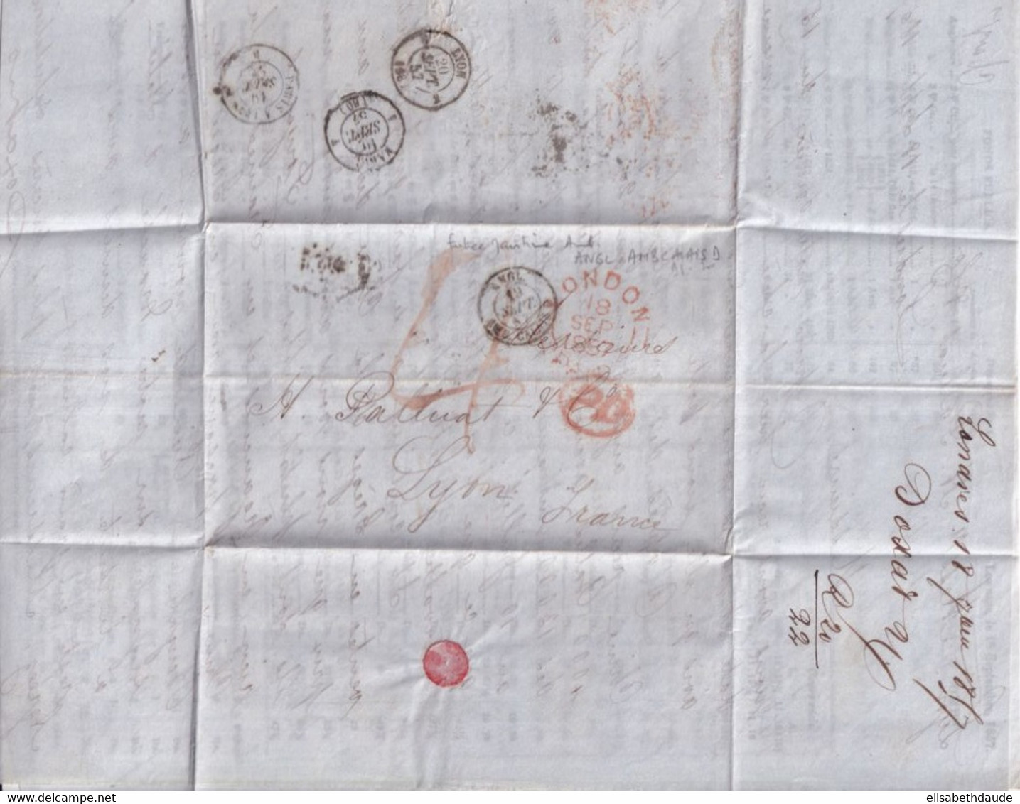 1857 - GB - ENTREE ANGLETERRE Par BUREAU AMBULANT CALAIS D - LETTRE PORT PAYE De LONDRES => LYON - Entry Postmarks