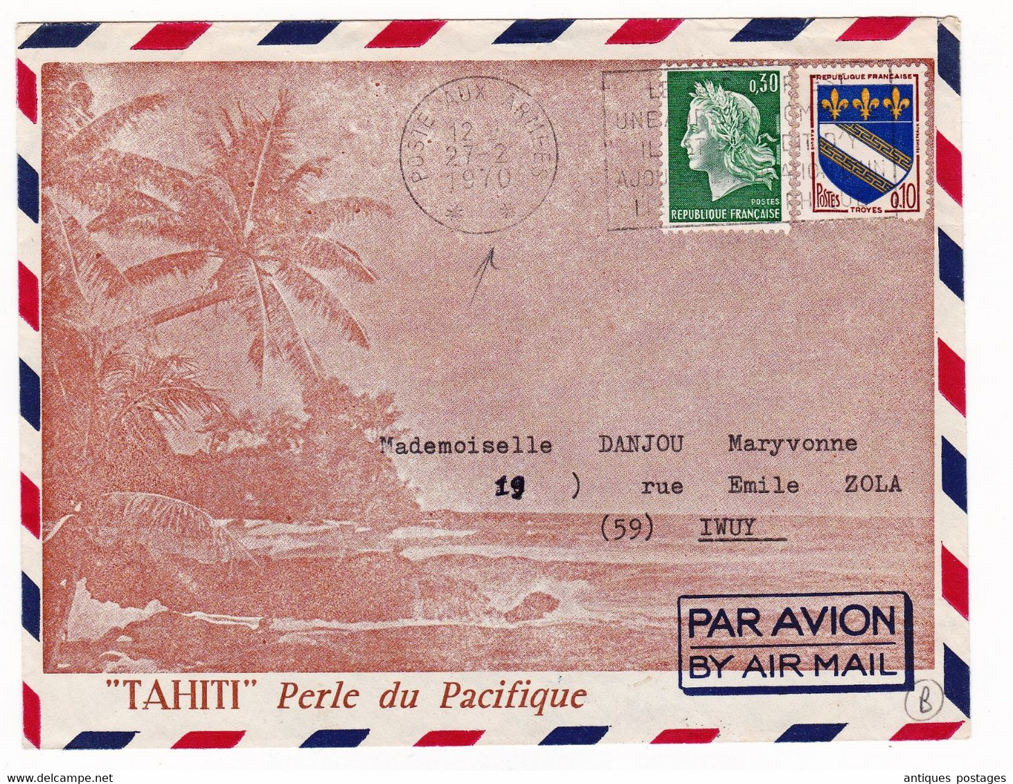 Lettre 1970 Tahiti Secteur Postal Militaire 91417 Perle Du Pacifique Poste Aux Armées Iwuy Nord - Cartas & Documentos