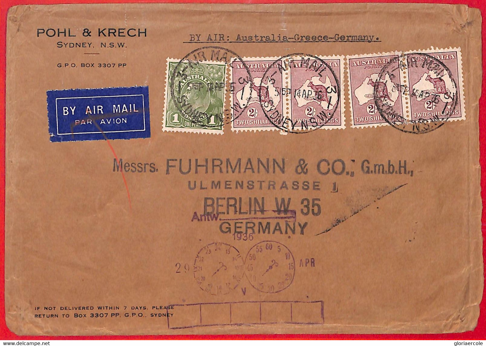Aa3739 - AUSTRALIA - POSTAL HISTORY -  AIRMAIL COVER To GERMANY  1936 - Cartas & Documentos