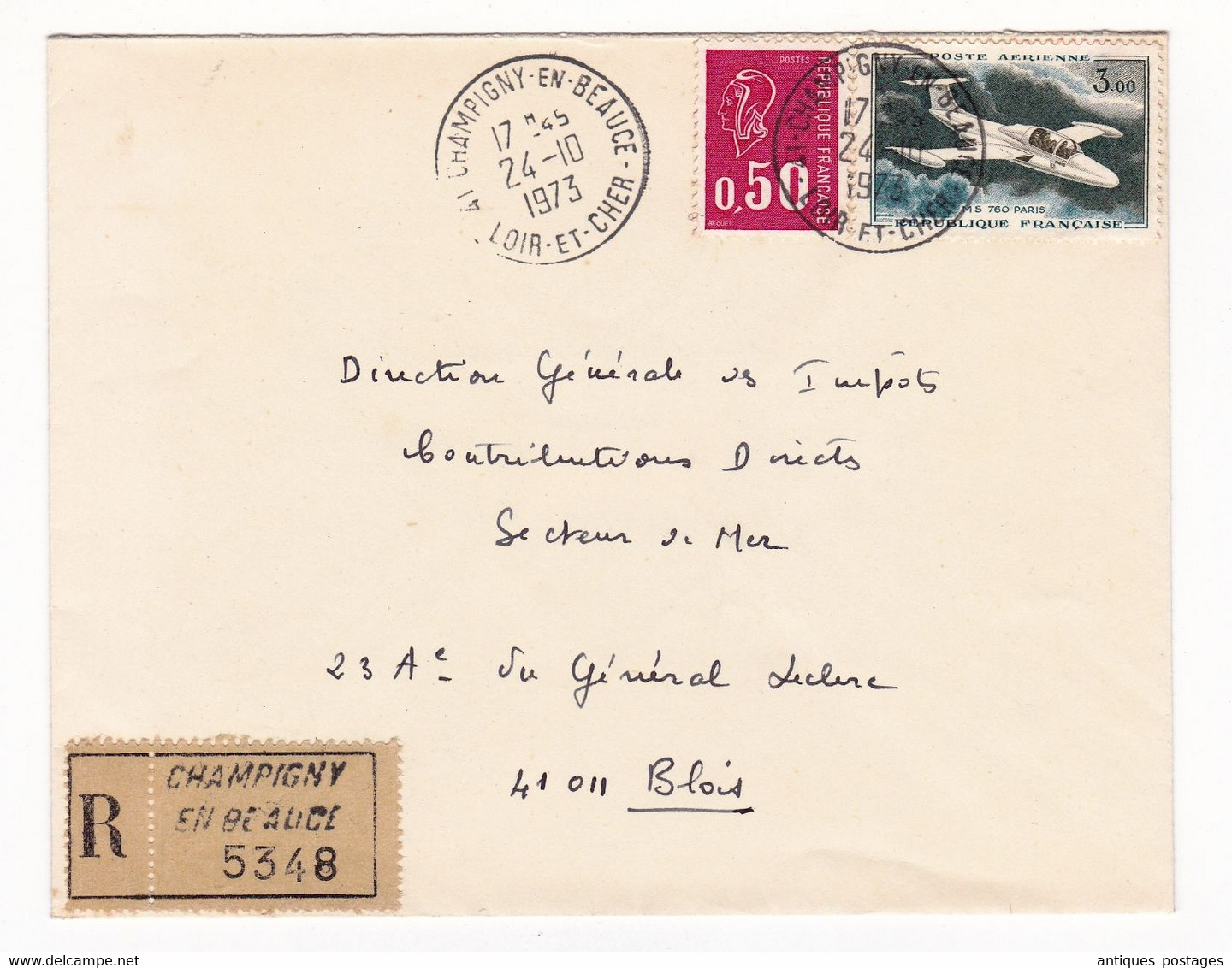 Lettre Recommandée 1973 Champigny En Beauce Loir Et Cher Pour Blois Poste Aérienne MS 760 Henri Hourtoule - 1960-.... Gebraucht