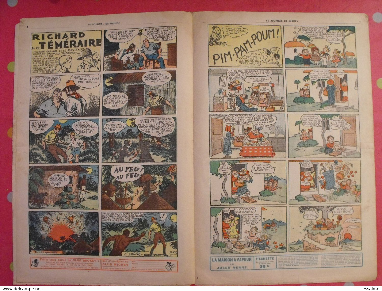 5 n° du journal de Mickey 1937. jojo richard jim la jungle malheurs d'annie donald cora tempête.