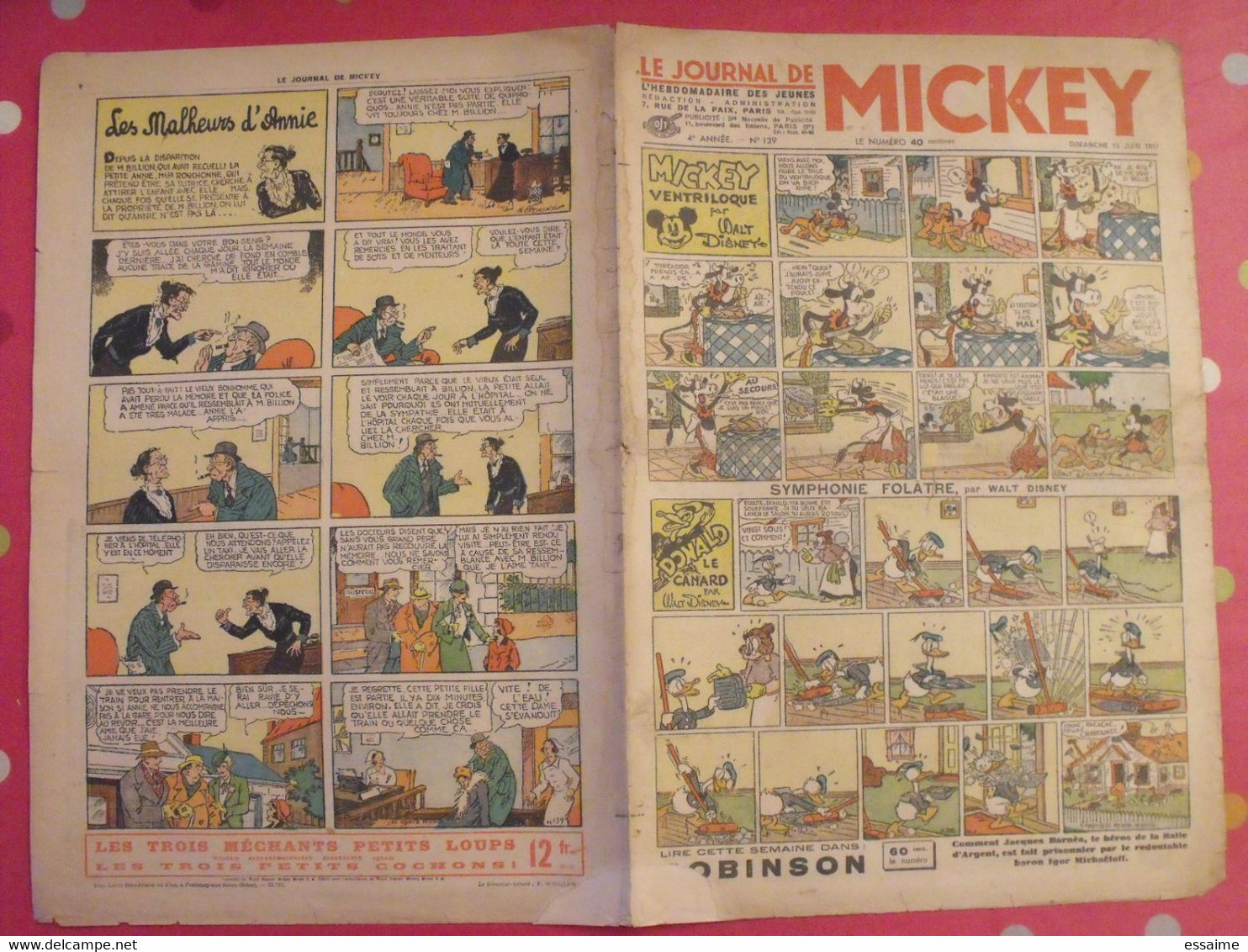 5 n° du journal de Mickey 1937. jojo richard jim la jungle malheurs d'annie donald cora tempête.