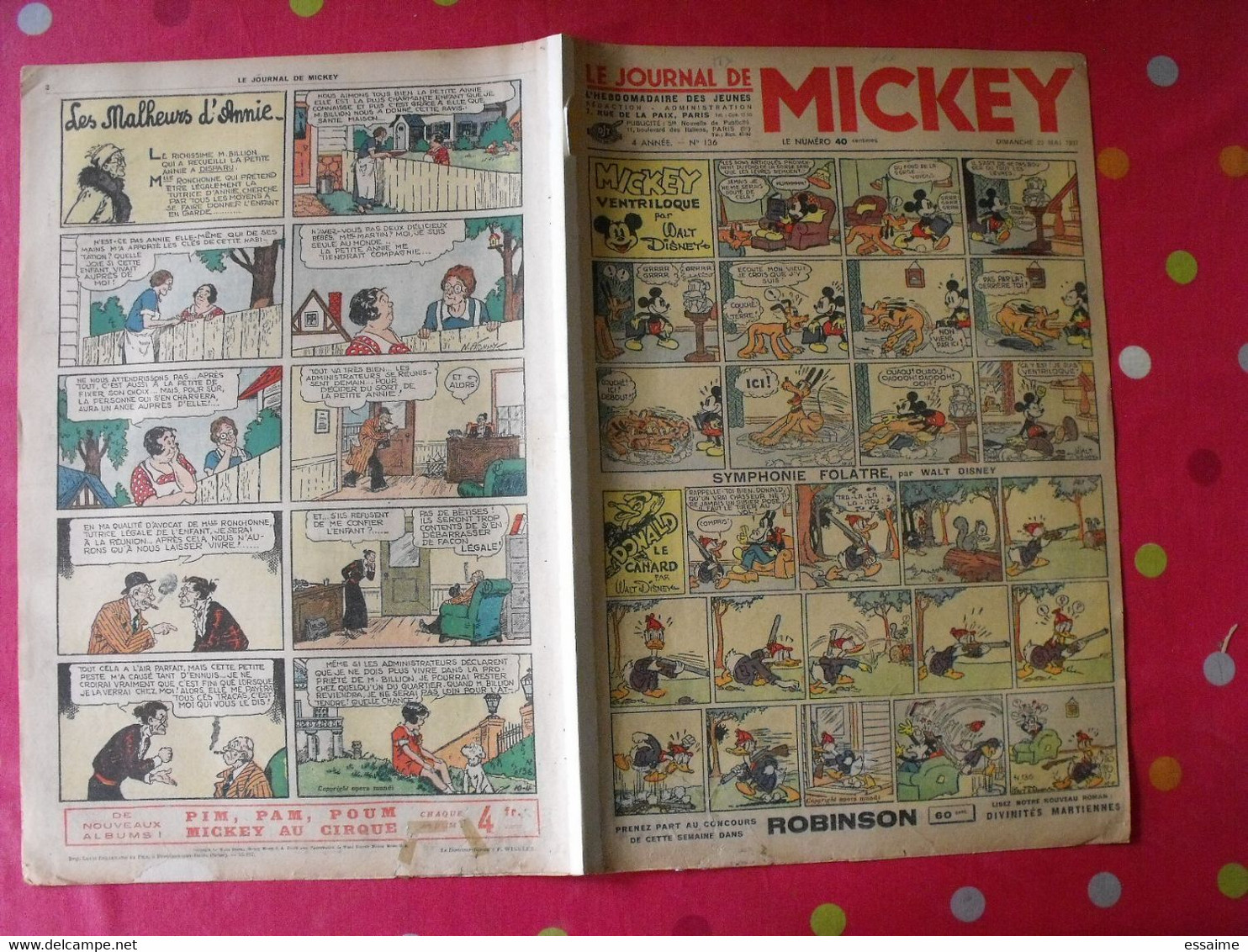 5 n° du journal de Mickey 1937. jojo richard jim la jungle malheurs d'annie donald cora tempête.
