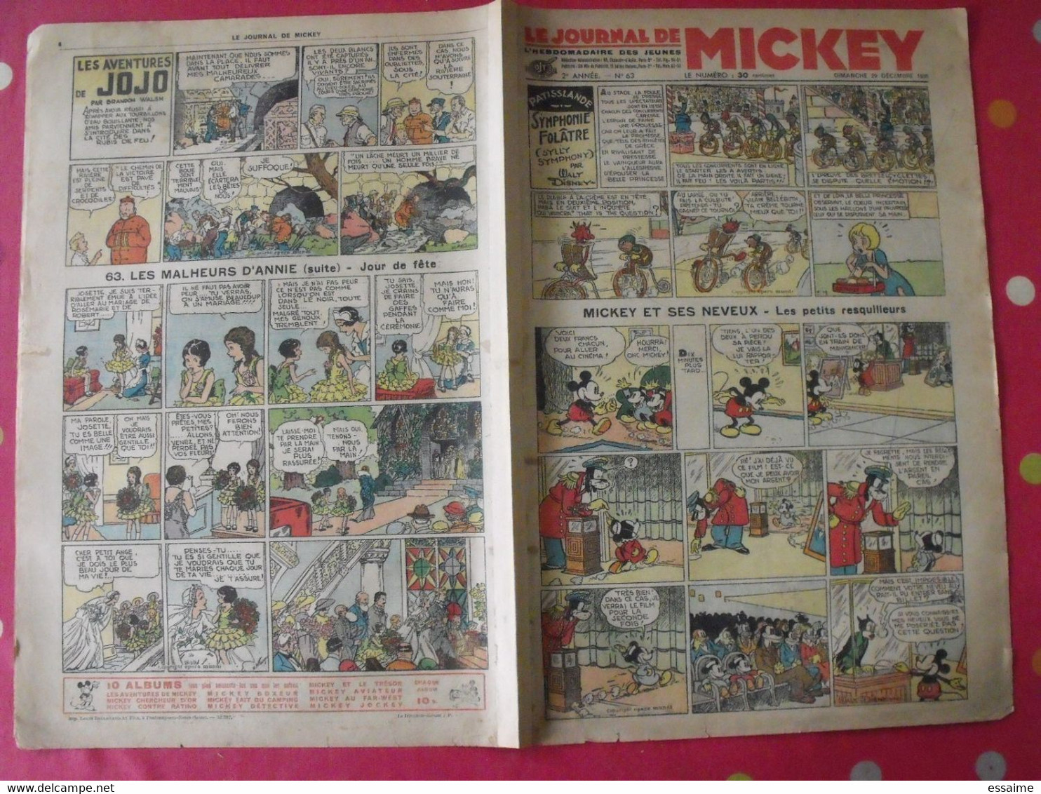 5 n° du journal de Mickey 1935-1936. jojo richard jim la jungle malheurs d'annie donald cora tempête.