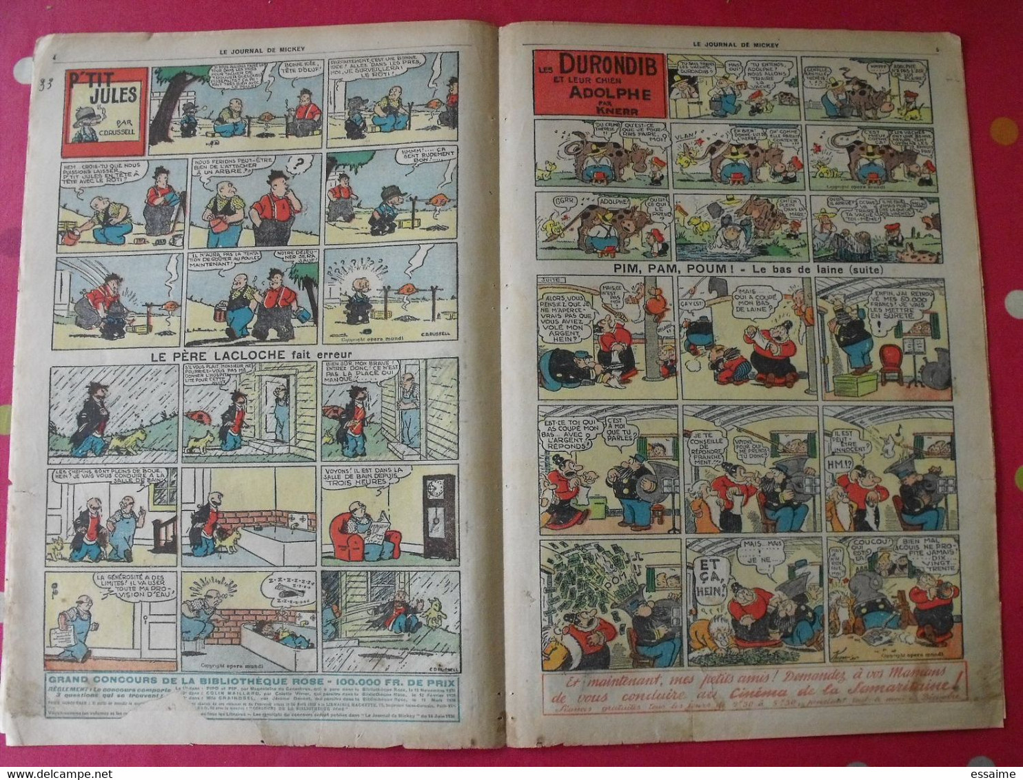 5 n° du journal de Mickey 1935-1936. jojo richard jim la jungle malheurs d'annie donald cora tempête.