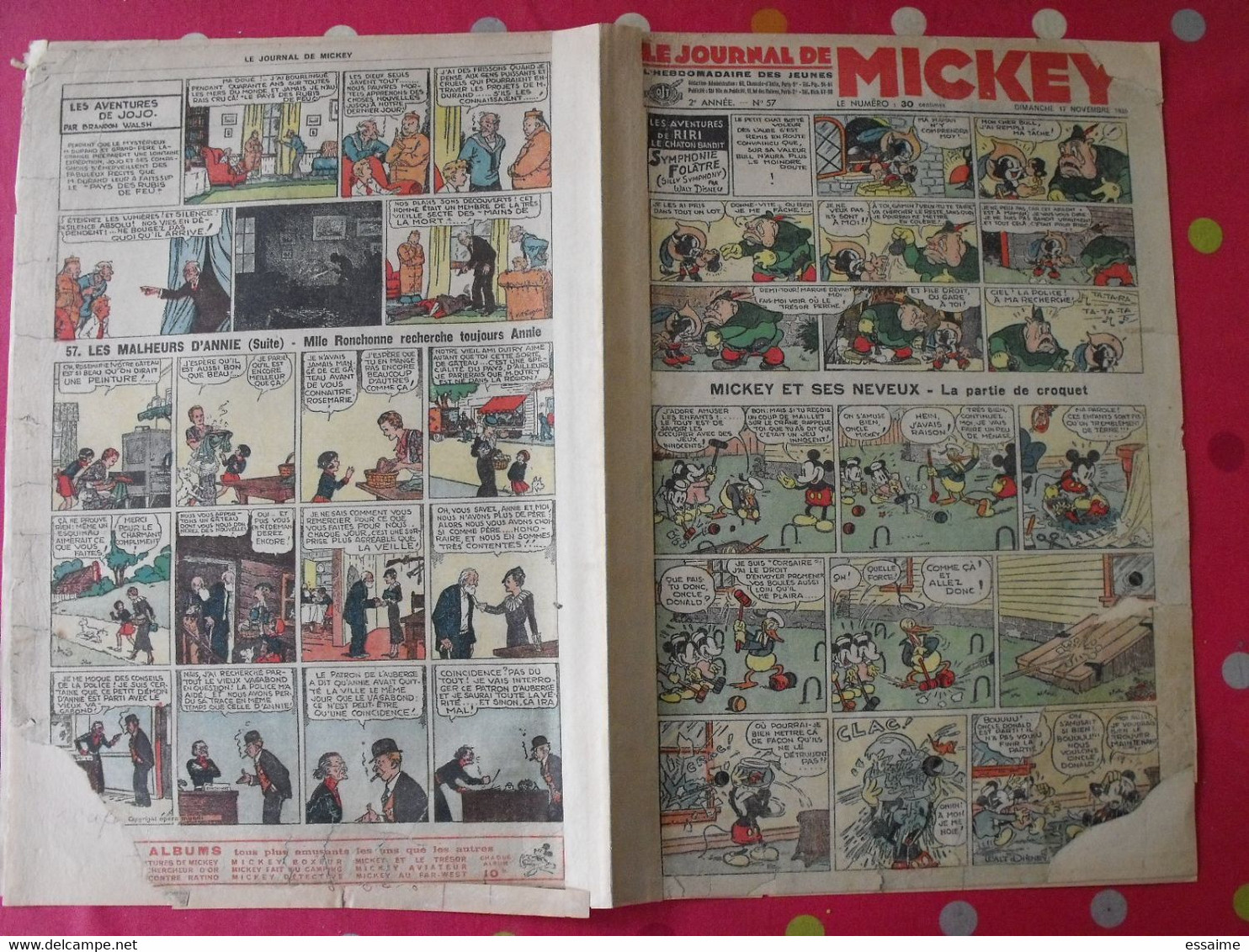 5 n° du journal de Mickey 1935-1936. jojo richard jim la jungle malheurs d'annie donald cora tempête.