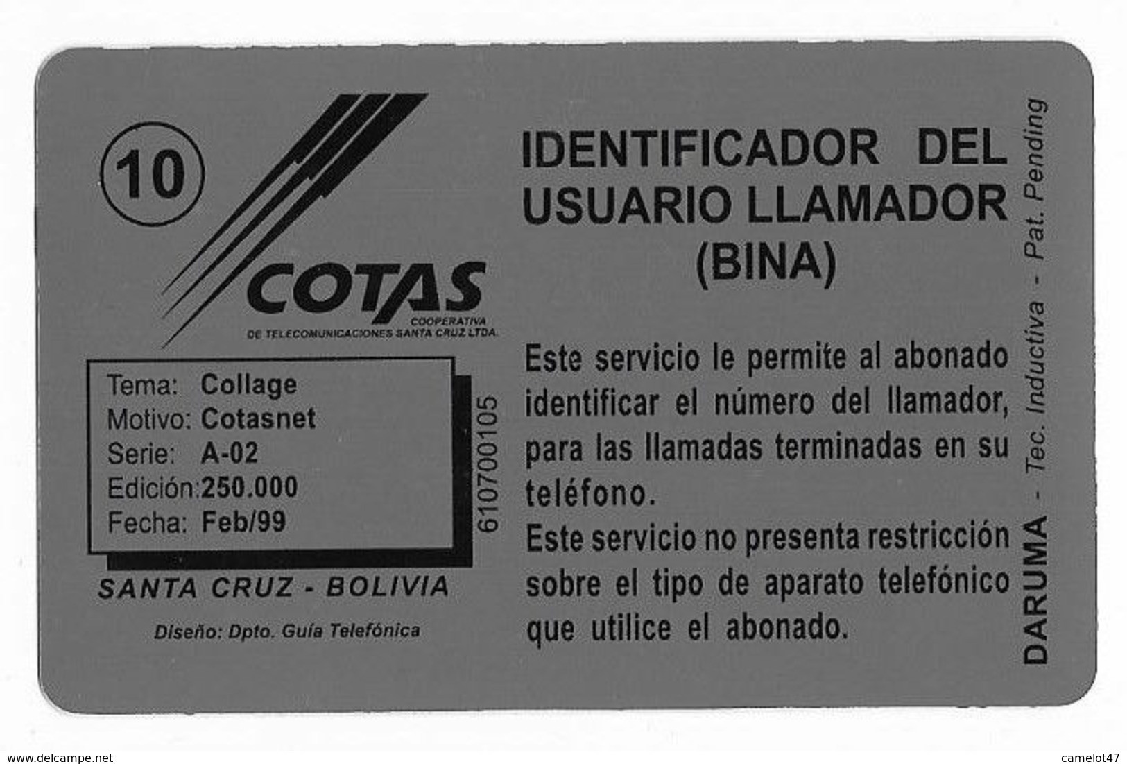 Bolivia, Cotas, Phone Card, No Value, Collectors Item, # Bolivia-16 - Bolivië