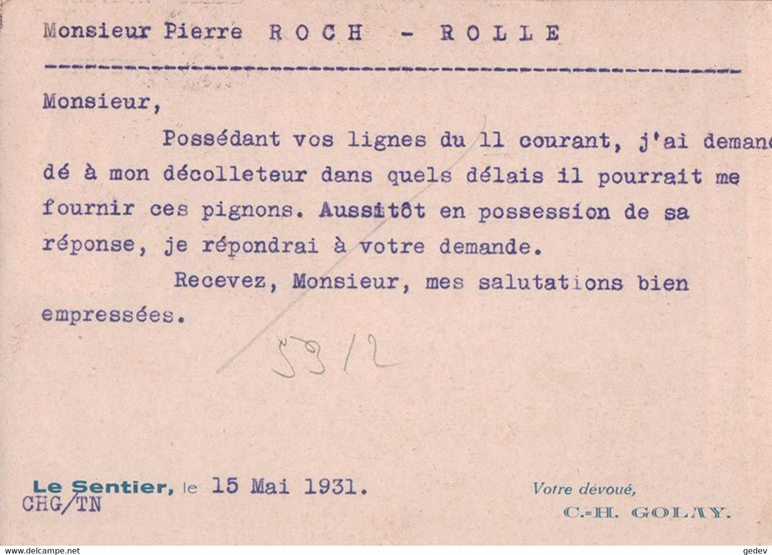 Vallée De Joux, Le Sentier, CP Publicité C.H. Golay Fabrique D'ébauches (15.5.1931) 10x15 - Other & Unclassified