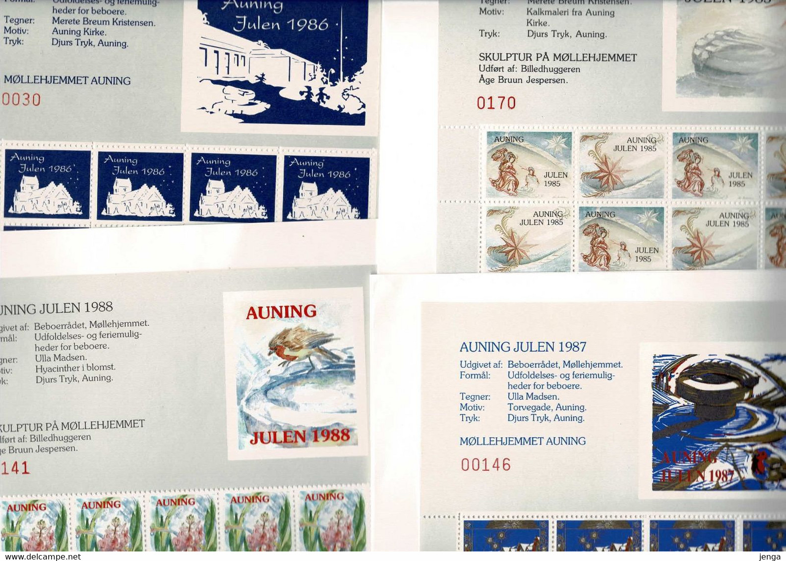 Denmark;  Local Christmas Seals; Auning;  1985 - 1988; 4 Full Sheets In Folders.  MH (*) Not Folded - Fogli Completi