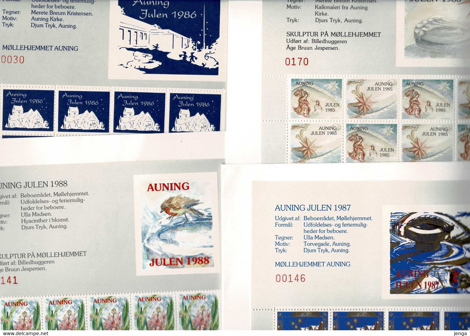 Denmark;  Local Christmas Seals; Auning;  1985 - 1988; 4 Full Sheets In Folders.  MH (*) Not Folded - Full Sheets & Multiples
