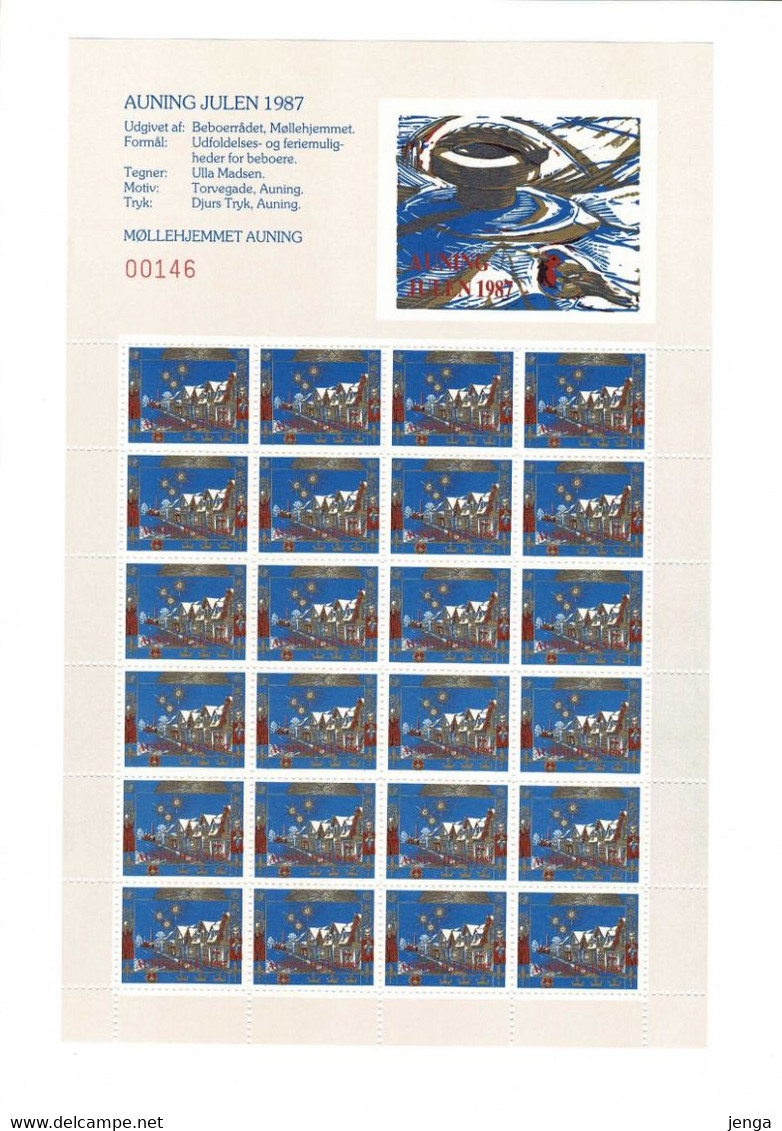 Denmark;  Local Christmas Seals; Auning;  1985 - 1988; 4 full sheets in folders.  MH (*) not folded