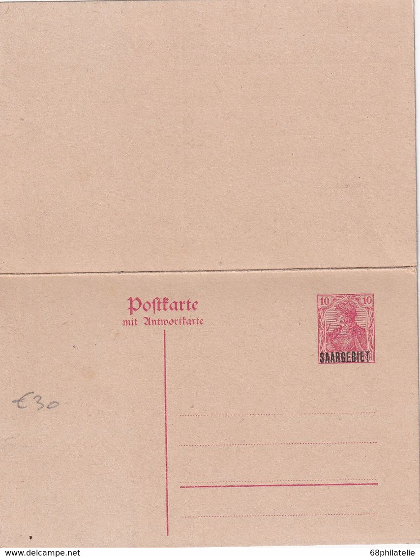 SAARGEBIET    ENTIER POSTAL/GANZSACHE/POSTAL STATIONERY CARTE AVEC REPONSE  DECALAGE  DE LA SURCHARGE - Entiers Postaux