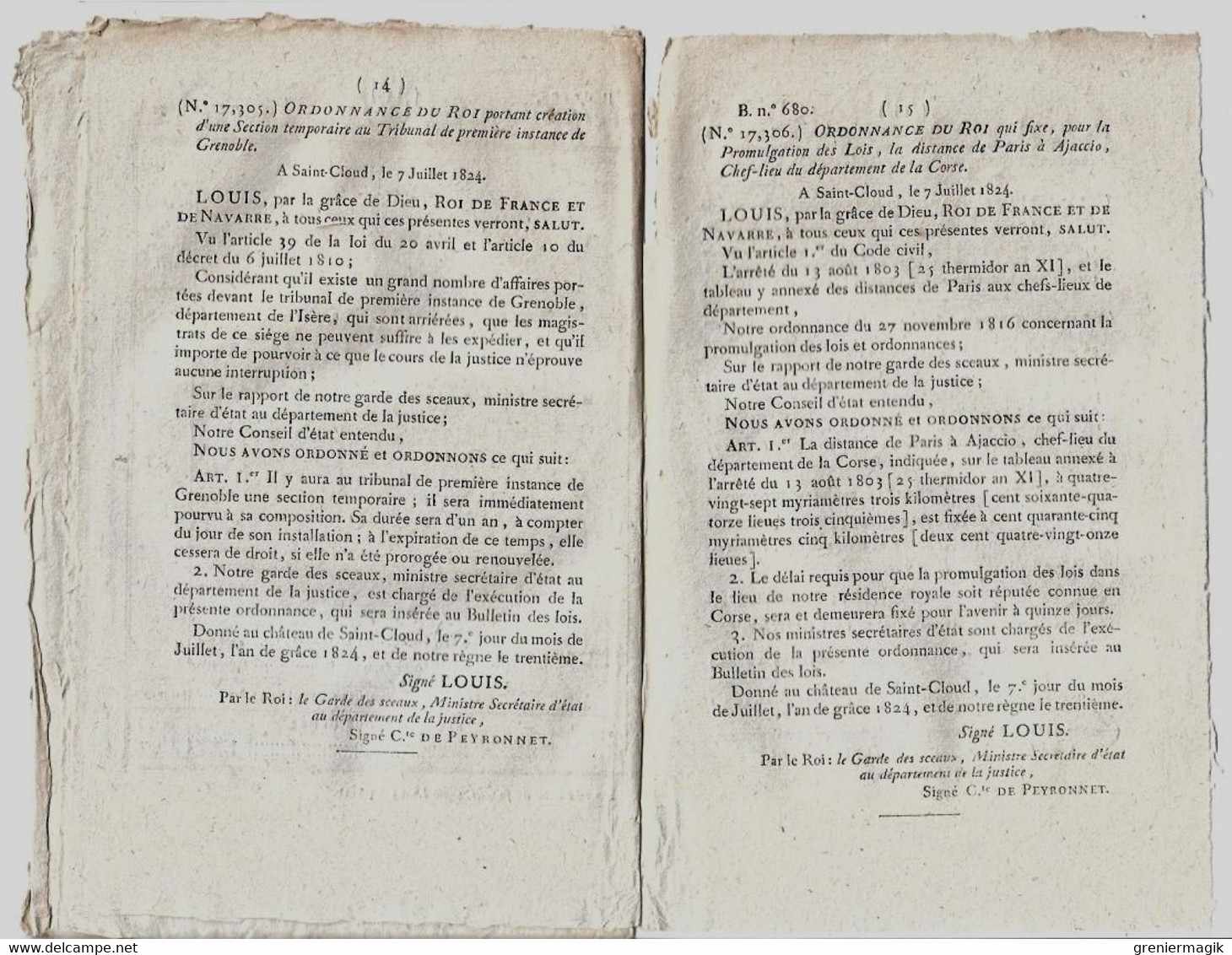 Bulletin des Lois N°680 1824 Distance Paris-Ajaccio pour la promulgation des Lois/Réglement définitif du budget de 1822