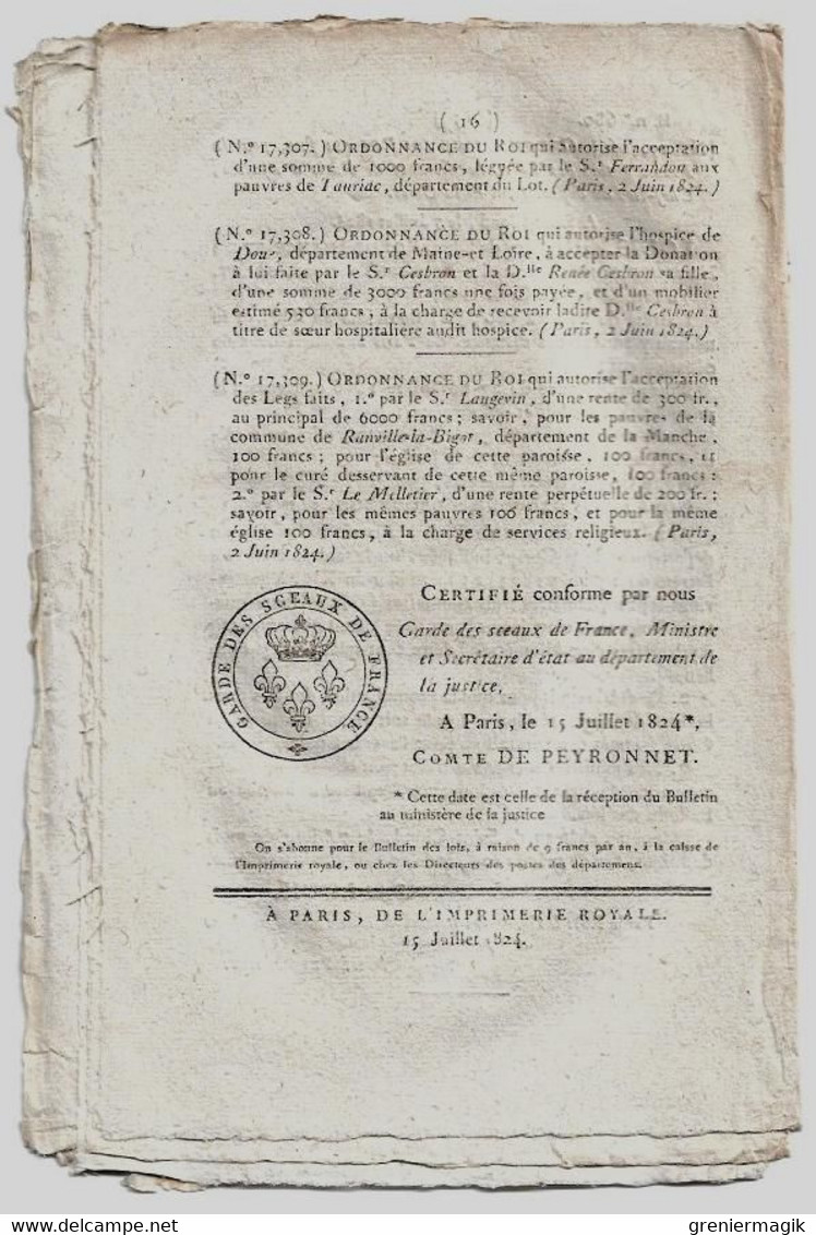 Bulletin des Lois N°680 1824 Distance Paris-Ajaccio pour la promulgation des Lois/Réglement définitif du budget de 1822