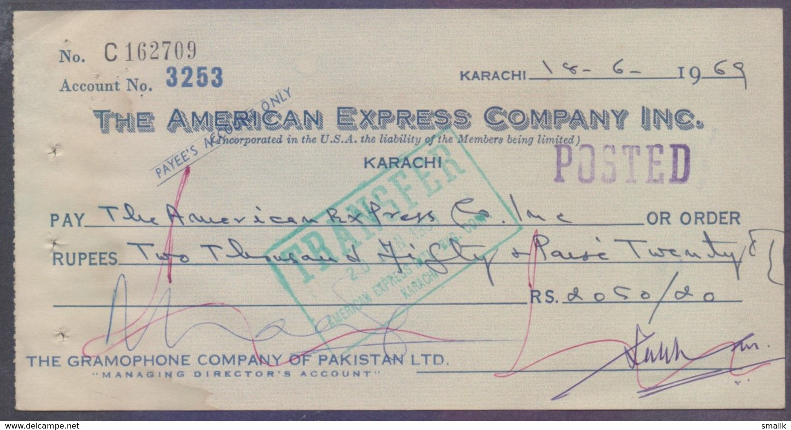 14.6.1969　Old　The　Inc.　on　Express　cheques　Pakistan　cheque　Karachi　traveler's　for　USA,　Bank　from　Company　American　Cheques　(162709)