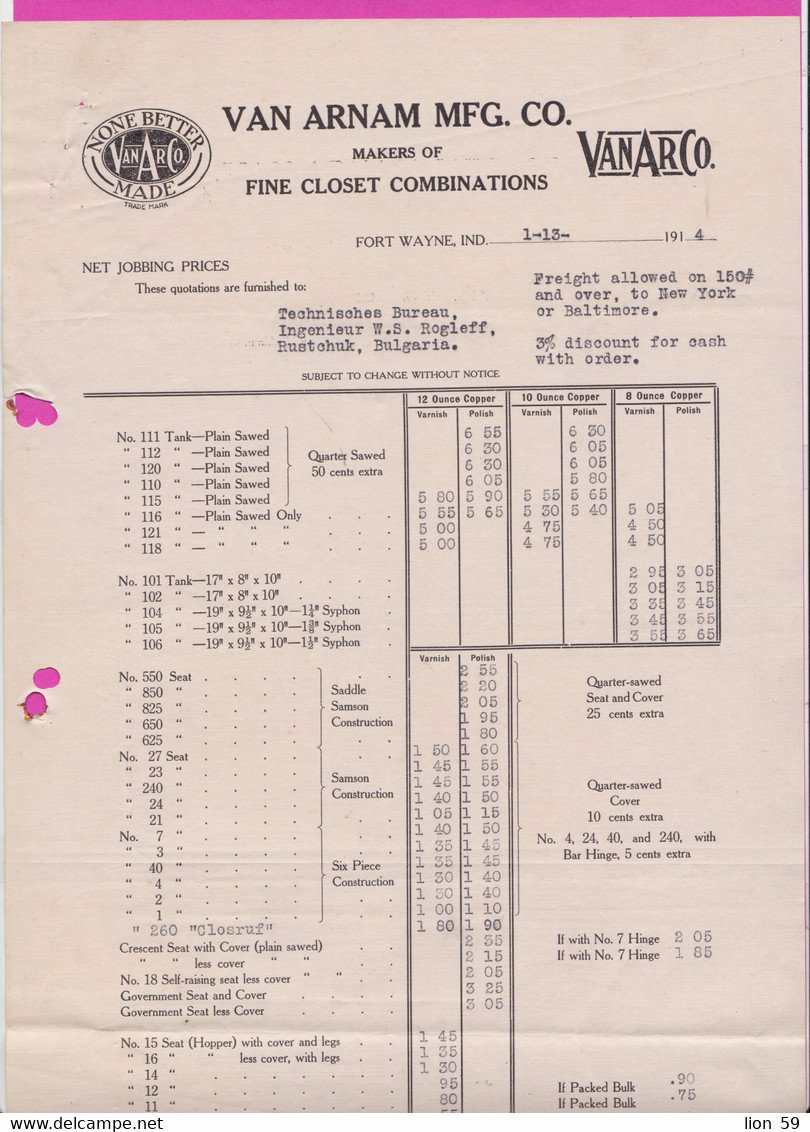 265166 / USA 1914 Fort Wayne, Indiana - VAN ARNAM MFG. CO. Makers Of Fine Closet Combinations , United States - United States