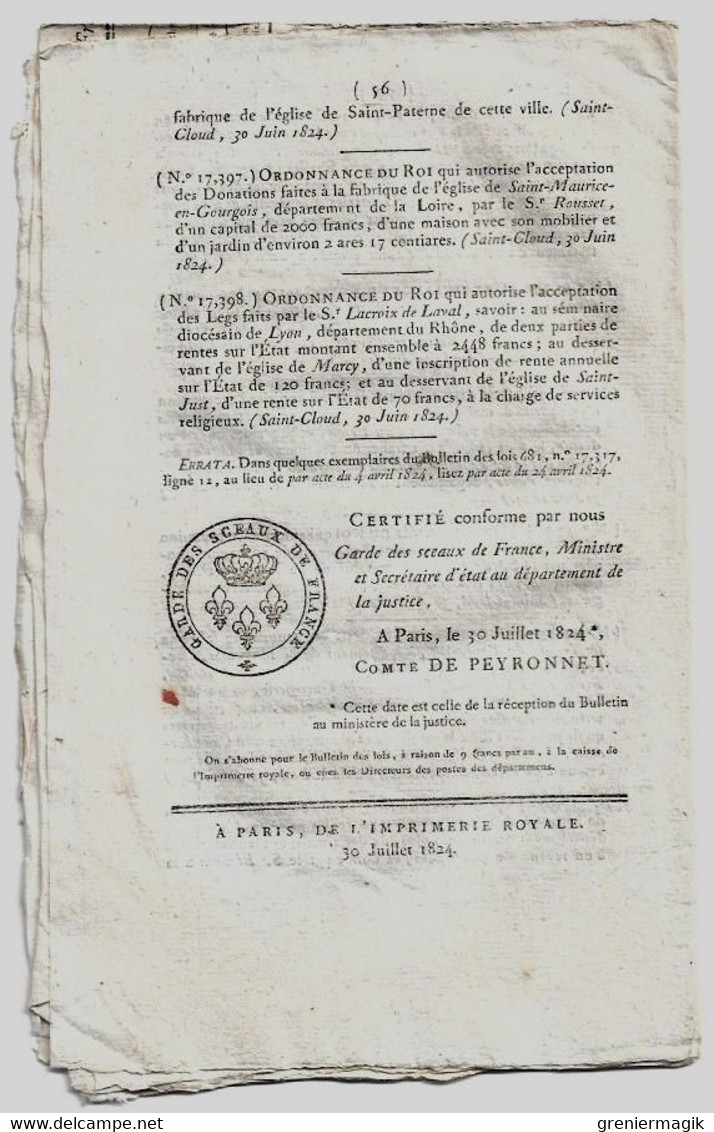 Bulletin des Lois N°683 1824 Composition des états-majors et équipages des vaisseaux, frégates bâtiments de la marine