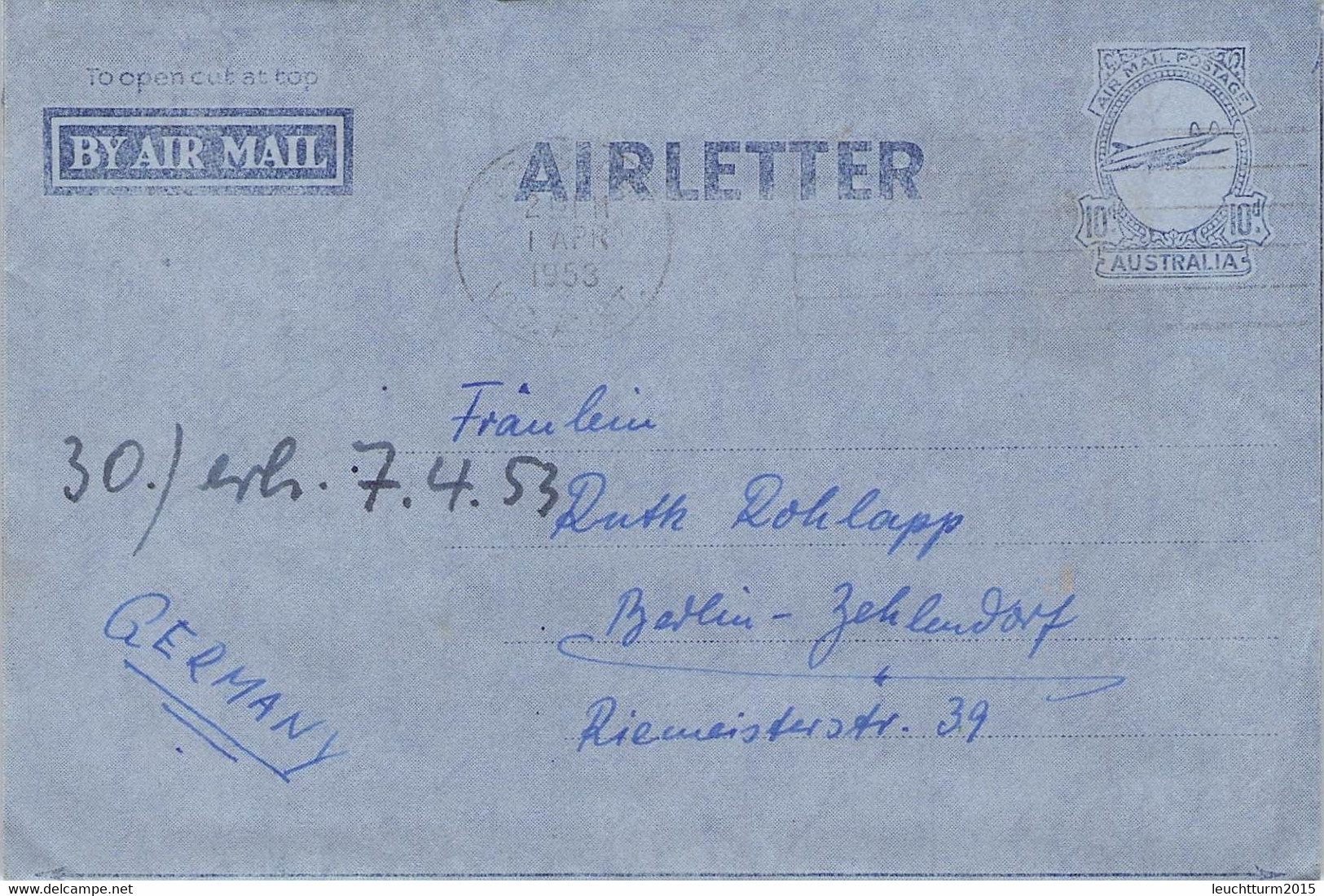 AUSTRALIA - AEROGRAMME 1953 > BERLIN / QF 363 - Aerogramas