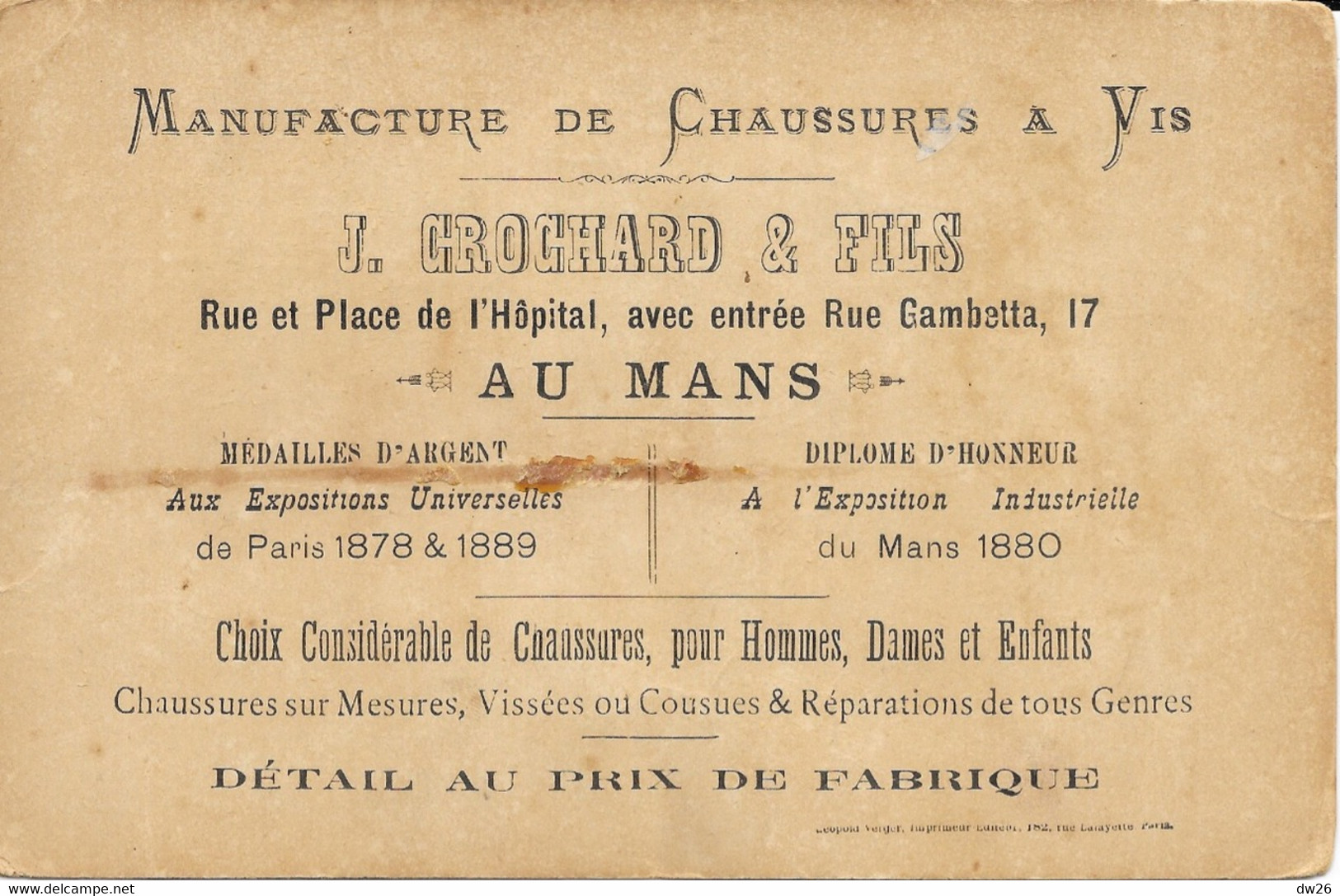 Publicité Magasin J. Brochard & Fils, Manufacture De Chaussures à Vis, Le Mans - Lithographie - Otros & Sin Clasificación