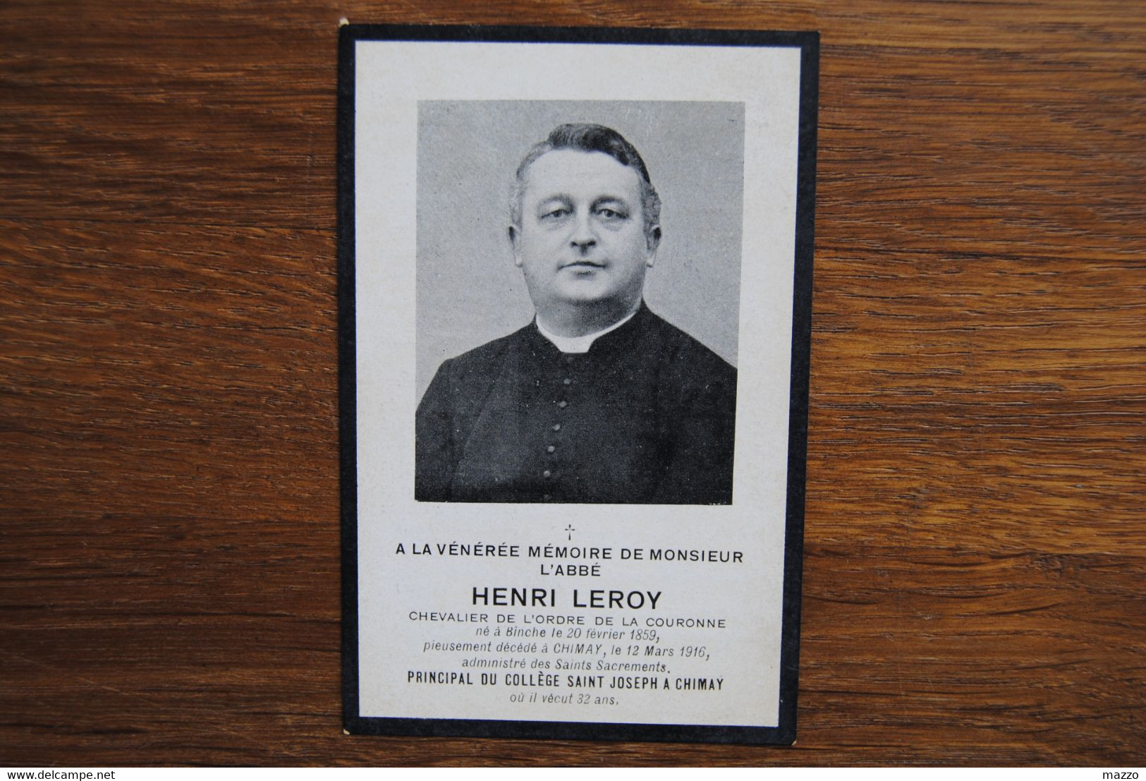 5209/Abbé Henri LEROY Chevalier Ordre Couronne Binche 1859/1916-Principal  Collège St-Joseph CHIMAY - Décès