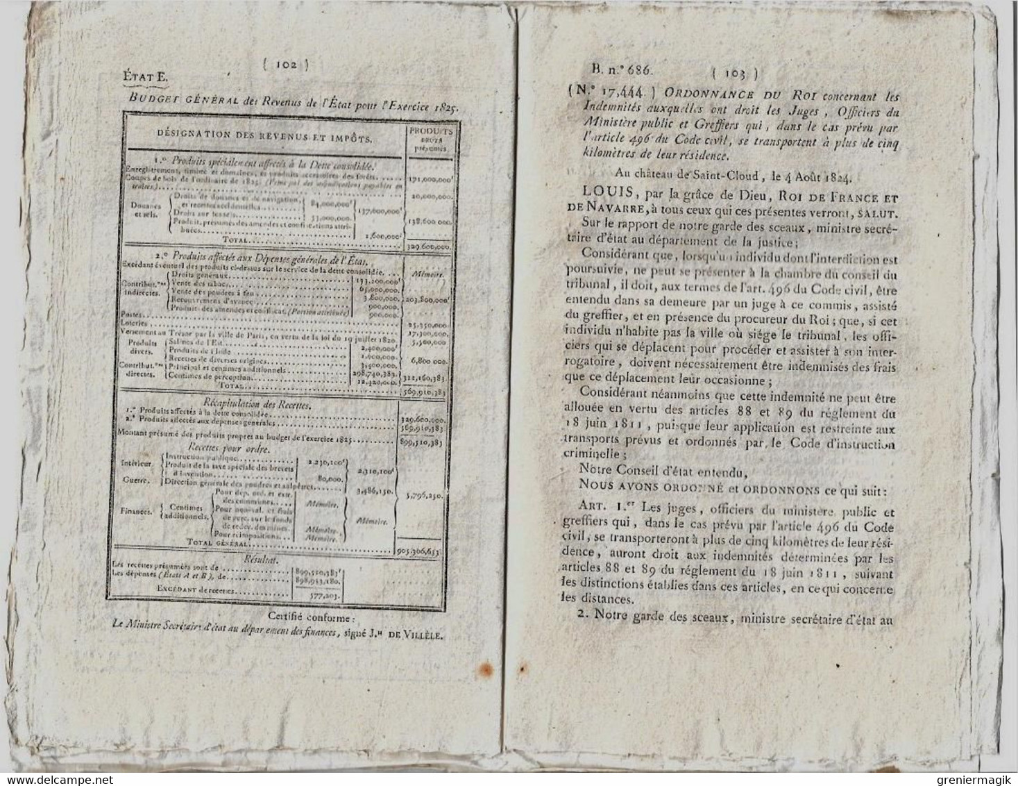 Bulletin des Lois N°686 1824 Fixation des dépenses et recettes 1825 (budget)/Indemnités aux juges greffiers.../Majorats