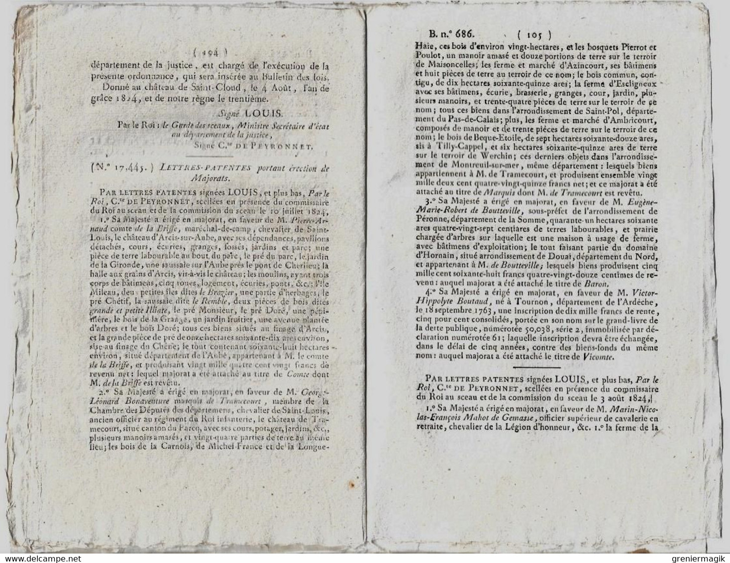 Bulletin des Lois N°686 1824 Fixation des dépenses et recettes 1825 (budget)/Indemnités aux juges greffiers.../Majorats
