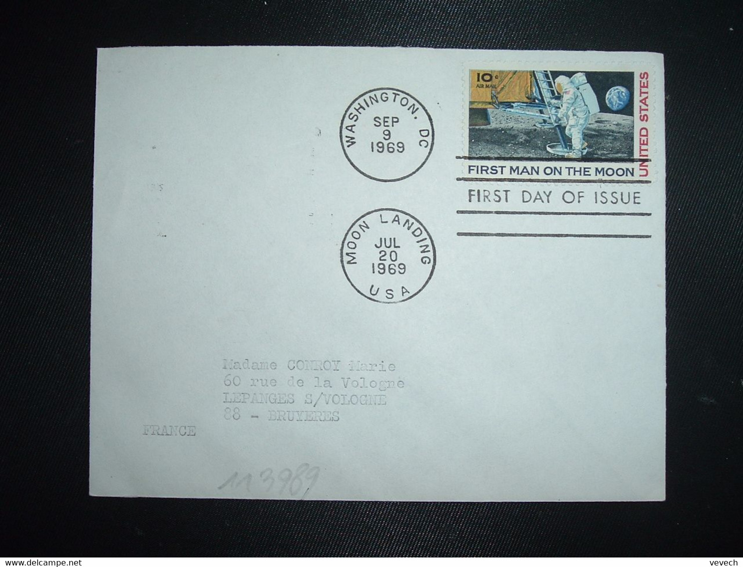 LETTRE TP FIRST MAN ON THE MOON 10c OBL.MEC. SEP 9 1969 WASHINGTON DC + JUL 20 1969 MOON LANDIN + FDC - Amérique Du Nord