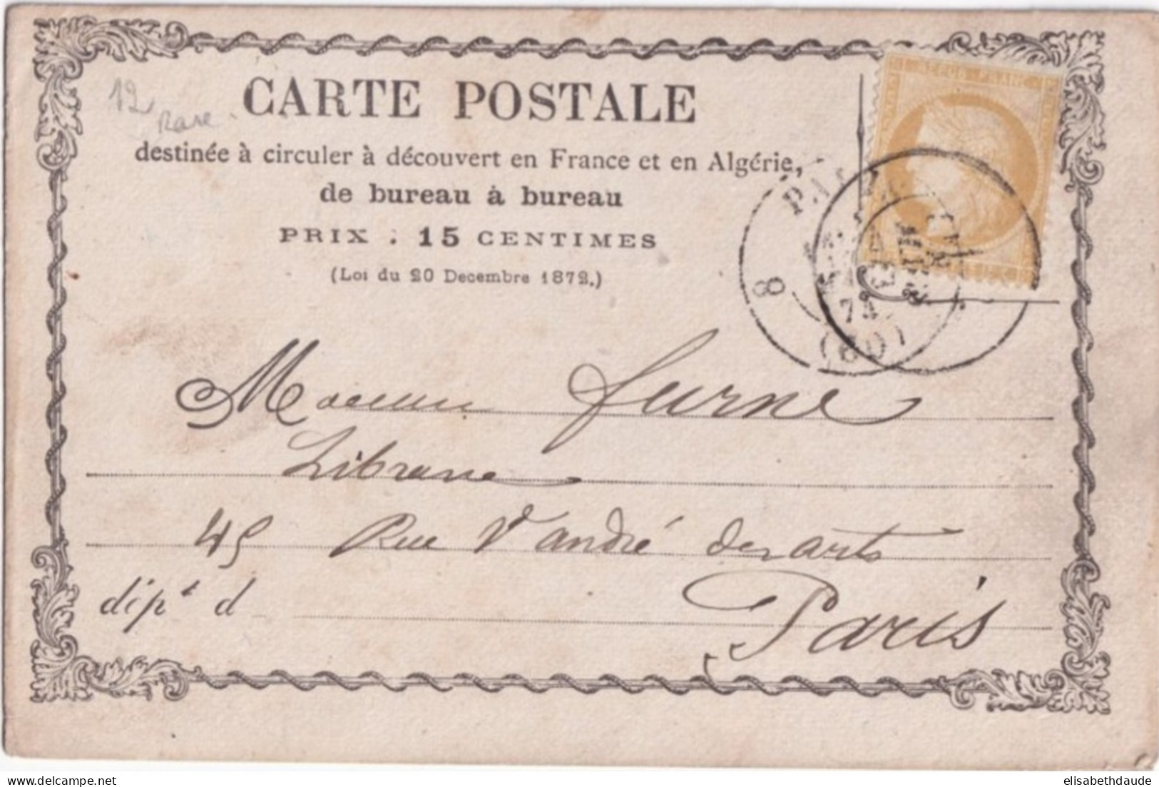 1874 - CERES Sur CARTE PRECURSEUR ENTIER (STORCH 12) De COMPIEGNE (OISE) ETIQUETTE AU DOS - Tarjetas Precursoras