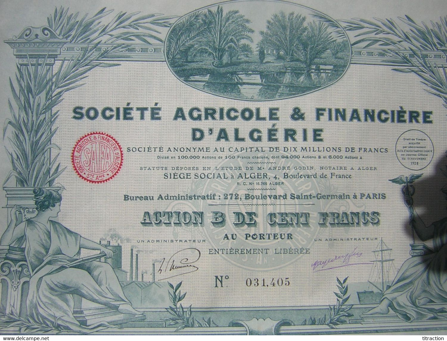 Gros Lot De 15 Vieux Papier Action Rare 100 Cent Franc SOCIETE AGRICOLE FINANCIERE D'ALGERIE 1928 Illustré Superbe T B E - Agricoltura