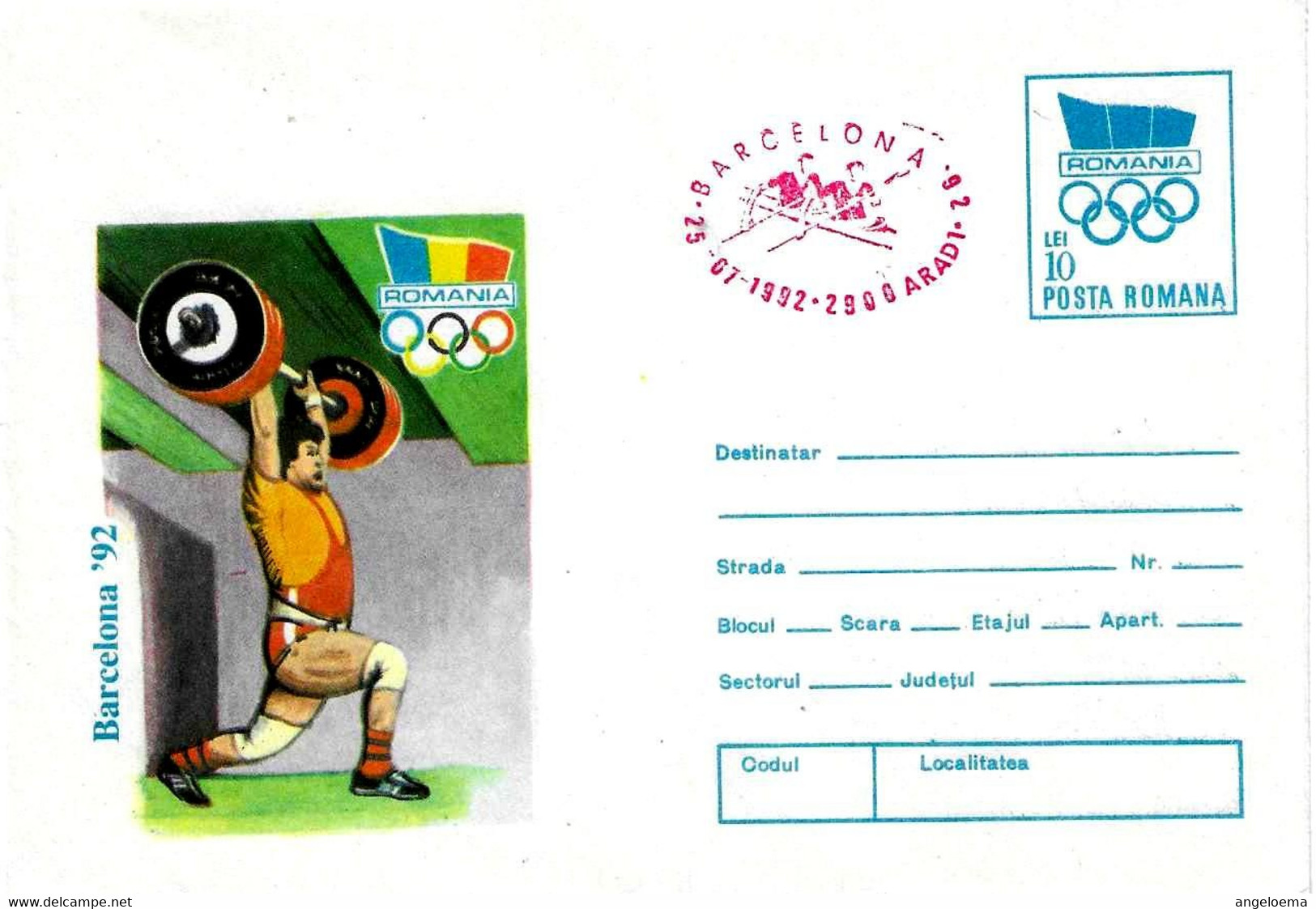ROMANIA - 1992 ARAD Olimpiadi Barcelona Busta Postale Con Impronta Cerchi Olimp. Soll.pesi Annullo Rosso Canotaggio-5033 - Sommer 1992: Barcelone