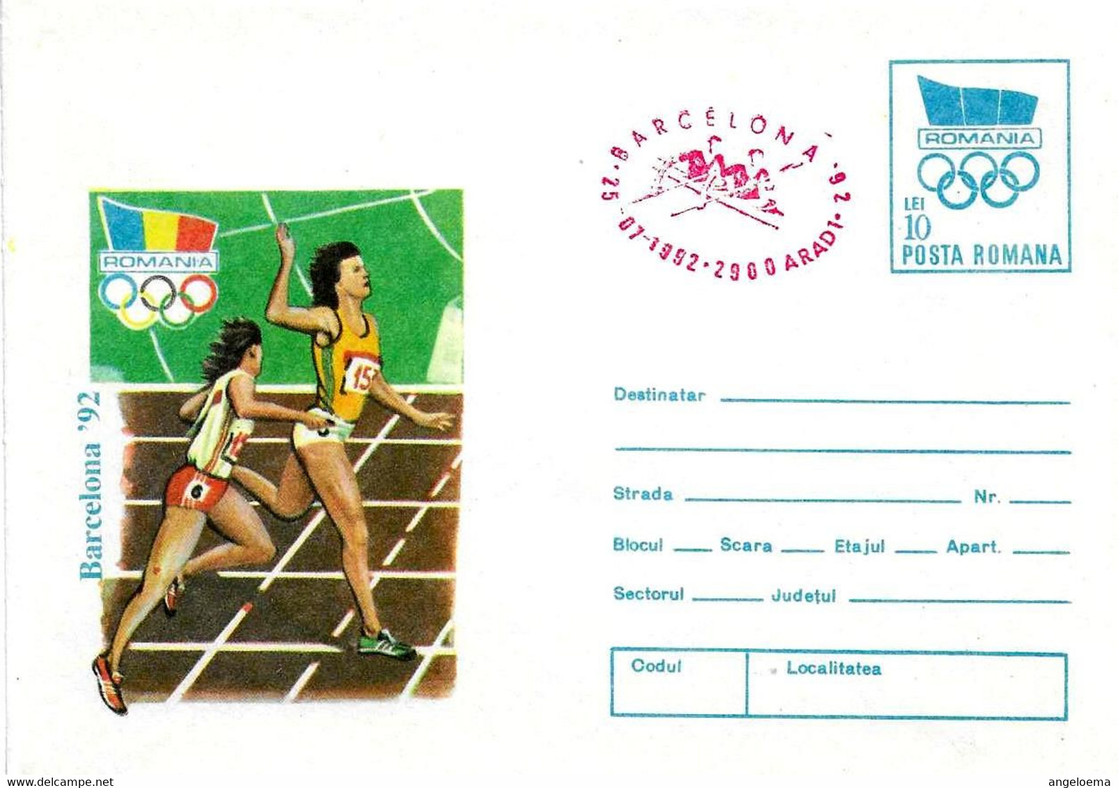 ROMANIA - 1992 ARAD Olimpiadi Barcelona Busta Postale Con Impronta Cerchi Olimp. Atletica Annullo Rosso Canotaggio -5036 - Sommer 1992: Barcelone