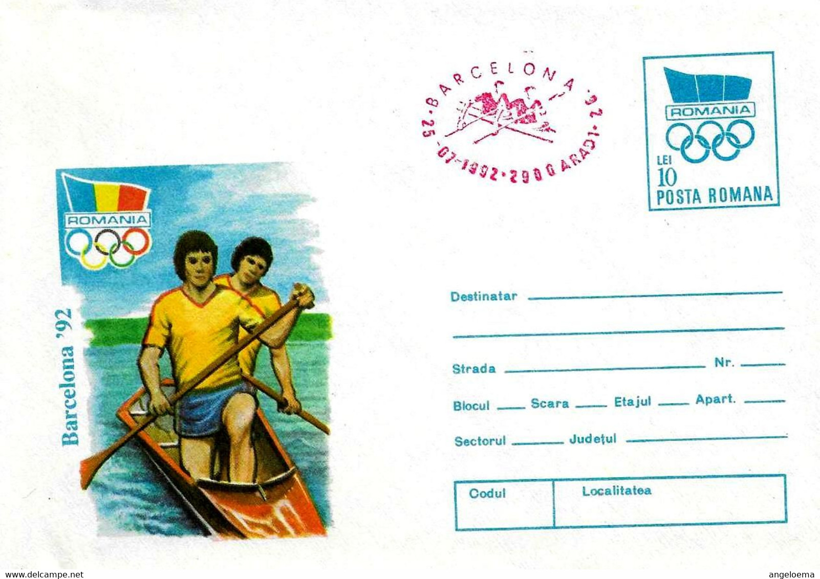 ROMANIA - 1992 ARAD Olimpiadi Barcelona Busta Postale Con Impronta Cerchi Olimpici Canoa Annullo Rosso Canotaggio - 5037 - Verano 1992: Barcelona