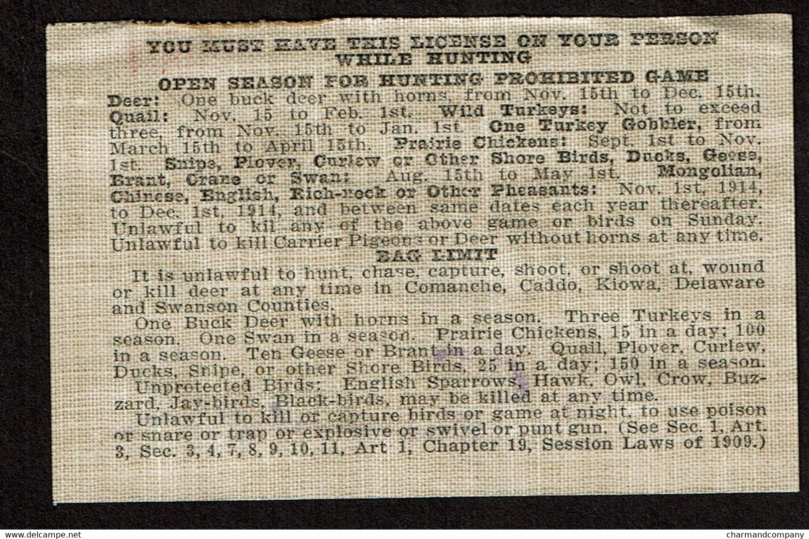 1912 - Oklahoma City - USA - License To Hunt - Hunting - Permis De Chasse - Voir Scans - Other & Unclassified