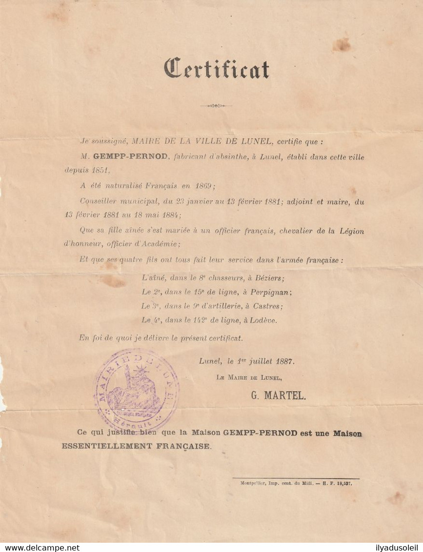 Absinthe Certificat M.gempp Pernod Fabricant D Absinthe A Lunel A Ete Naturalise Francais En 1869 - 1800 – 1899