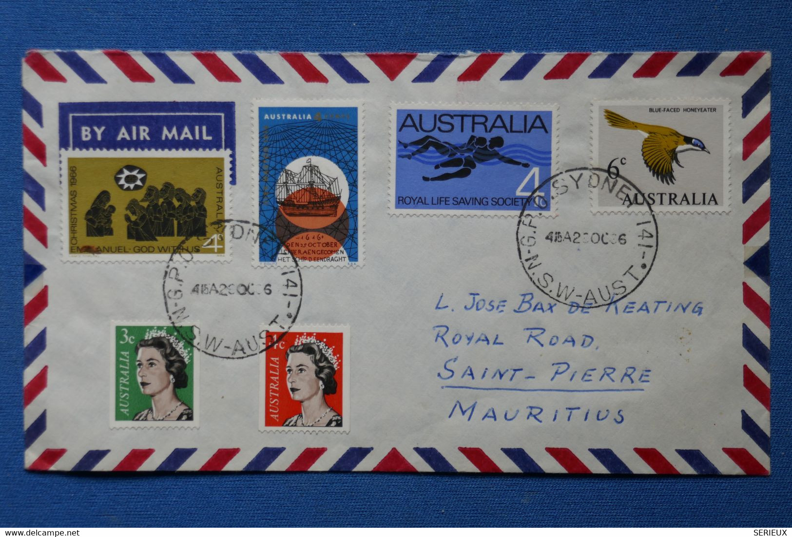 W5 AUSTRALIA  BELLE LETTRE  1966 SYDNEY POUR MAURITIUS + VIGNETTE  + AFFRANCHISSEMENT INTERESSANT - Brieven En Documenten