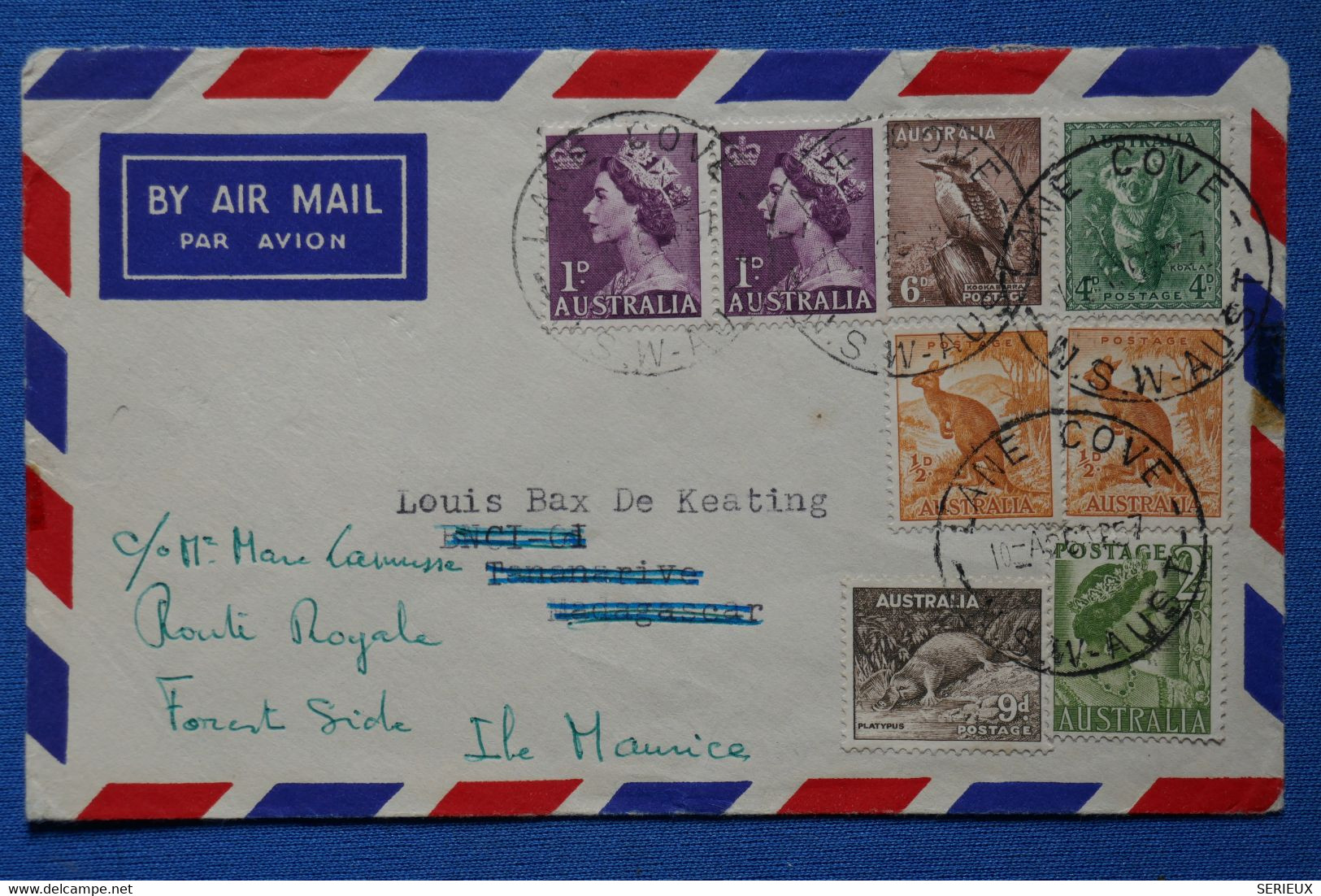 W5 AUSTRALIA  BELLE LETTRE  1938  LANE COVE POUR MADAGASCAR REDISTRIBUEE+PAIRE+  AFFRANCHISSEMENT INTERESSANT - Storia Postale