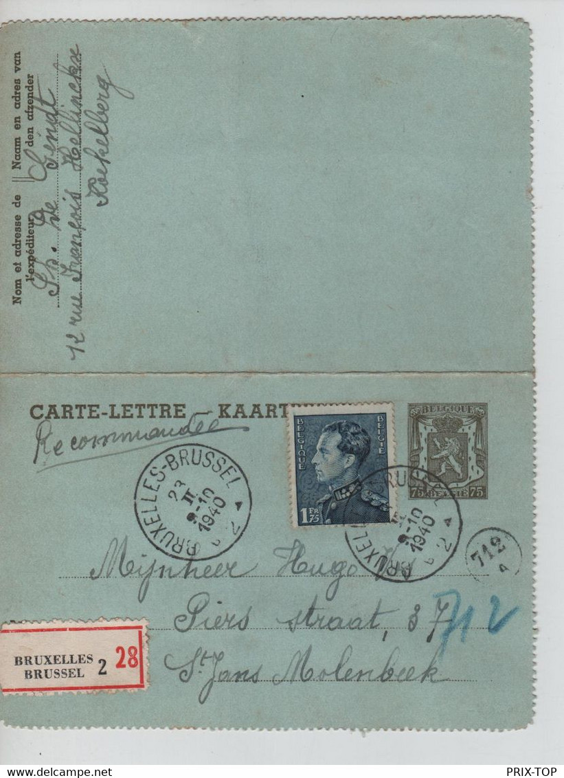 127REF/ Entier C.L. N°27 + TP 430 Poortman En Recommandé C.Bruxelles (2) 23/2/1940 > Molenbeek + C.facteur 712 + A - Letter-Cards