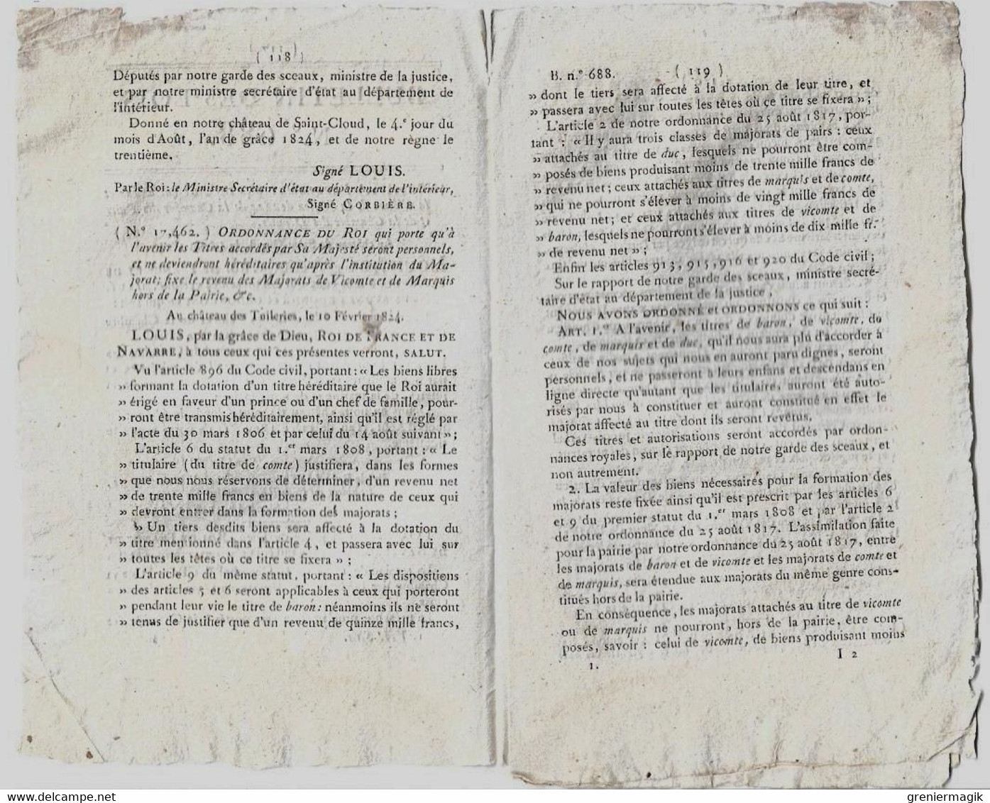 Bulletin Des Lois N°688 1824 Les Titres Accordés Par Sa Majesté Seront Personnels/Usines De Fer D'Ecot Et Morteau Michel - Décrets & Lois