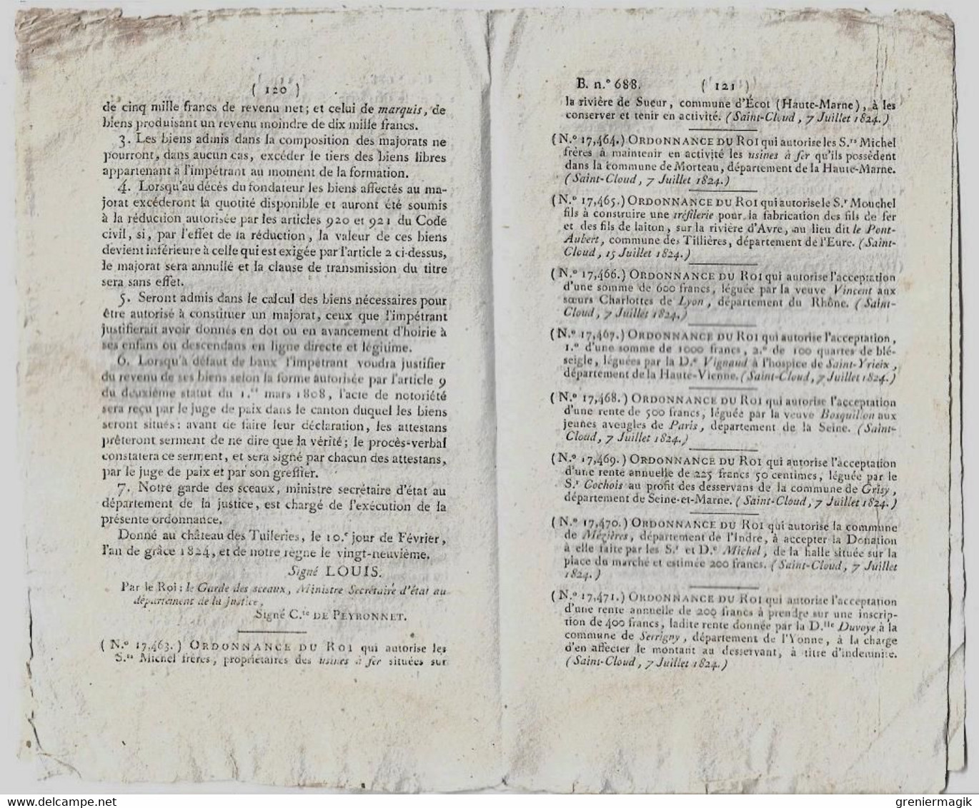 Bulletin Des Lois N°688 1824 Les Titres Accordés Par Sa Majesté Seront Personnels/Usines De Fer D'Ecot Et Morteau Michel - Décrets & Lois