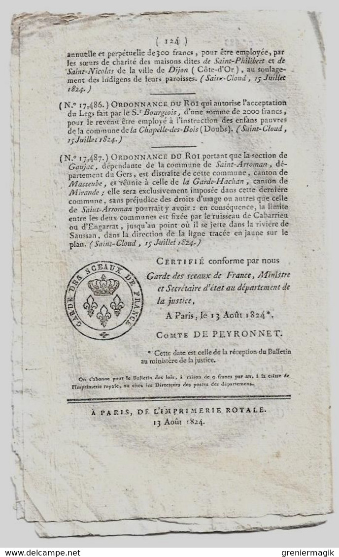 Bulletin Des Lois N°688 1824 Les Titres Accordés Par Sa Majesté Seront Personnels/Usines De Fer D'Ecot Et Morteau Michel - Décrets & Lois