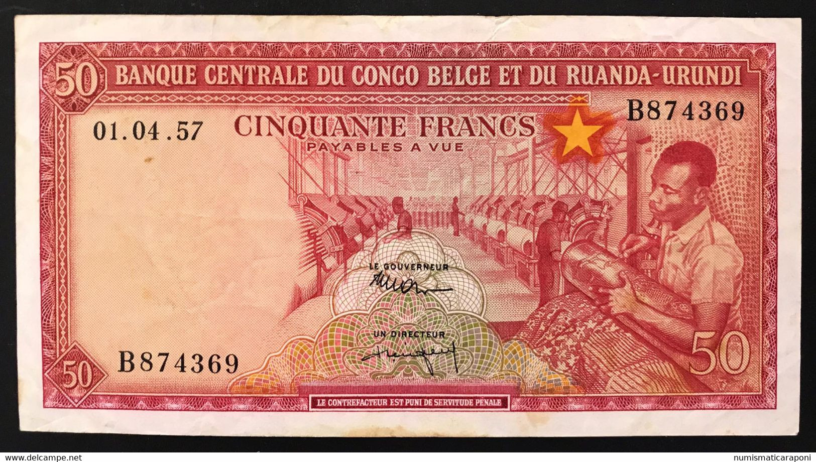 RUANDA URUNDI BELGIAN CONGO 50 FRANCS Pick#32 1957 COTTON MILL  Lotto 3473 - Ruanda-Urundi