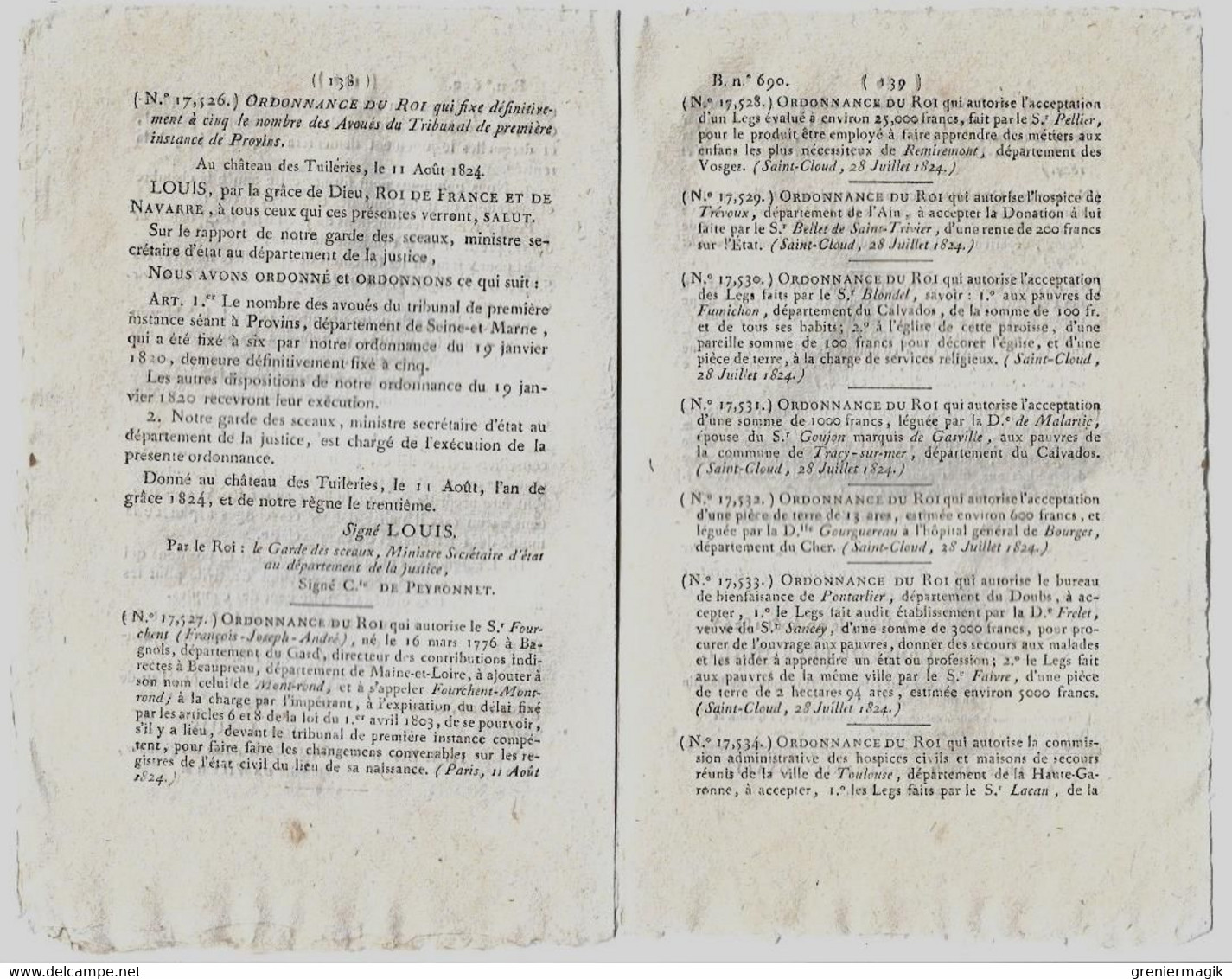 Bulletin Des Lois N°690 1824 Pensions Et Secours Aux Veuves Et Orphelins Des Magistrats.../Avoués Tribunal De Provins - Décrets & Lois