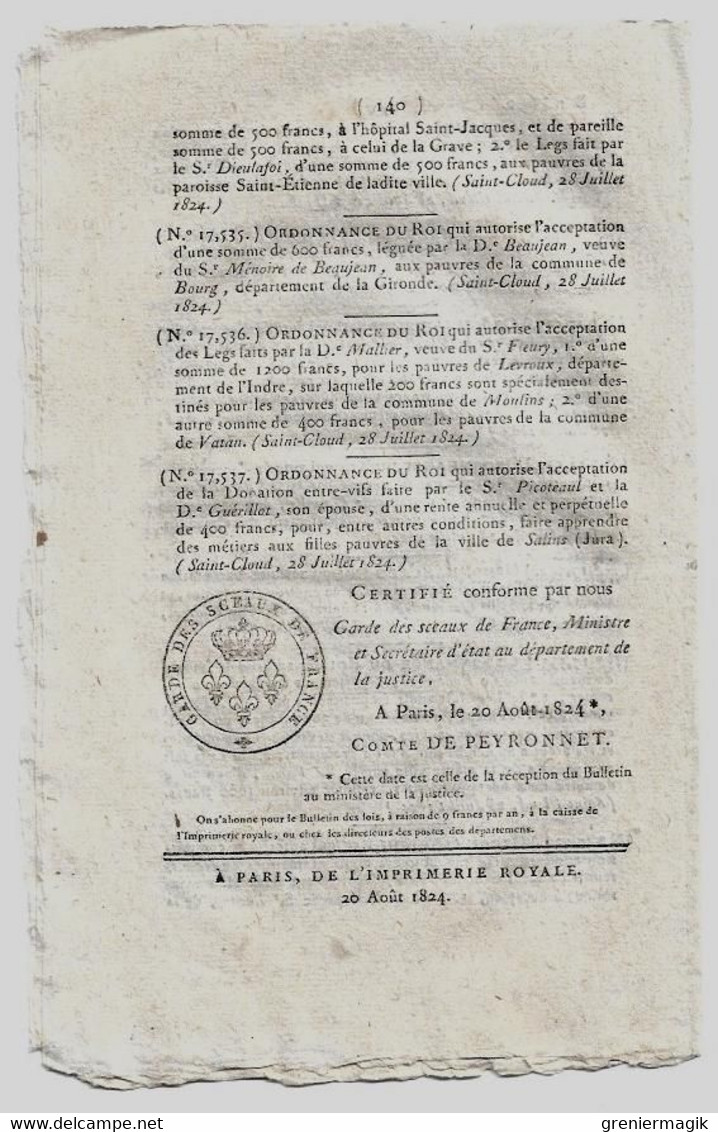 Bulletin Des Lois N°690 1824 Pensions Et Secours Aux Veuves Et Orphelins Des Magistrats.../Avoués Tribunal De Provins - Décrets & Lois