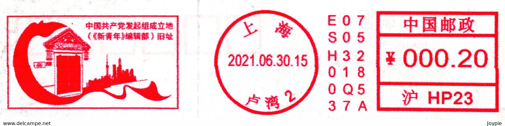 China 2021 Shanghai Postage Meter:The China Communist Party Founded Place-the Site Of The New Youth Editorial Office - Brieven En Documenten