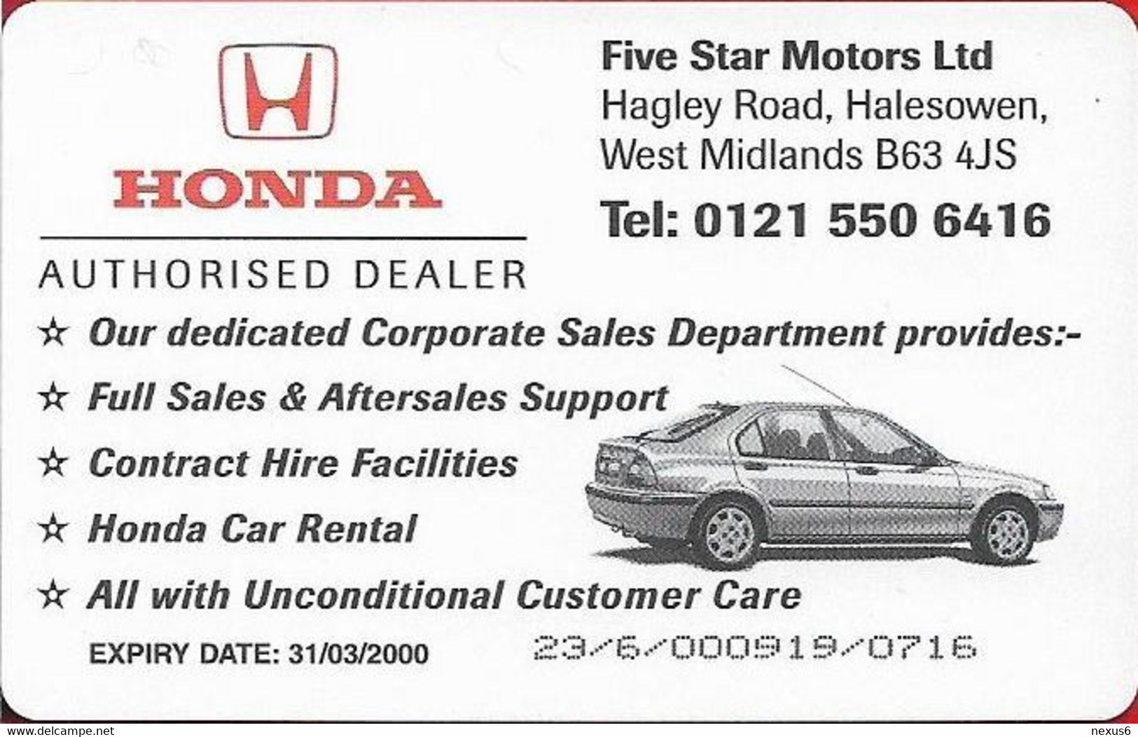 UK - BT (Chip) - PRO375 - BCP-120 - Honda - Five Star Quality Is Just A Phone Call Away, 50P, 2.000ex, Mint - BT Promotionnelles