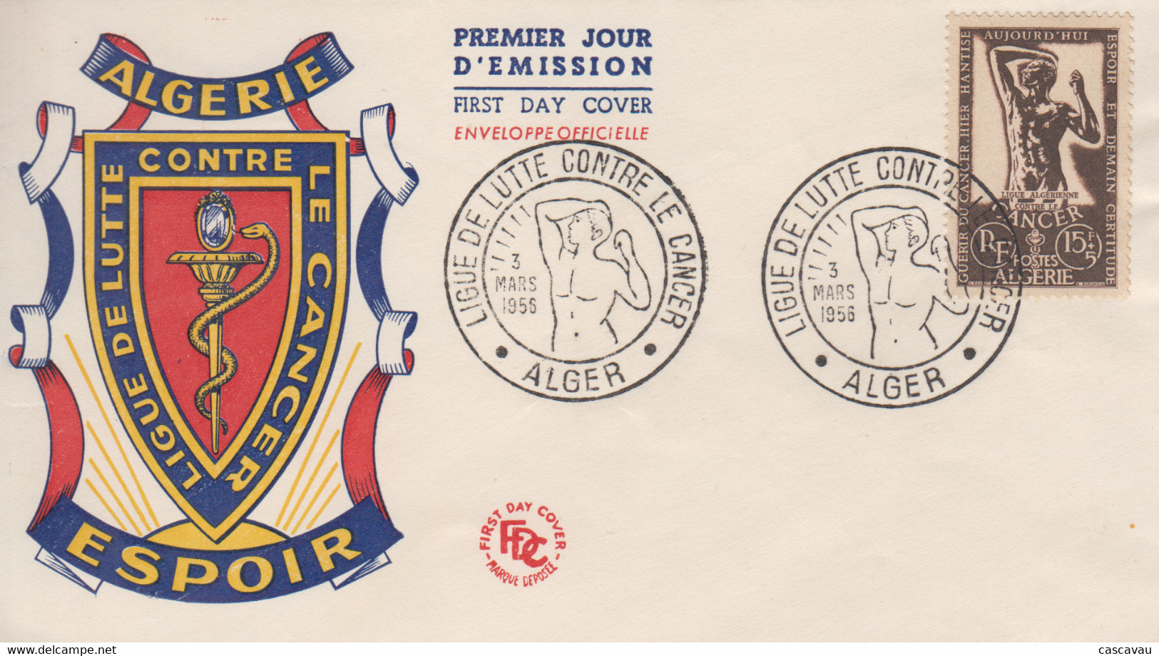 Enveloppe  FDC  1er  Jour  ALGERIE   Lutte  Contre  Le  Cancer   1955 - FDC