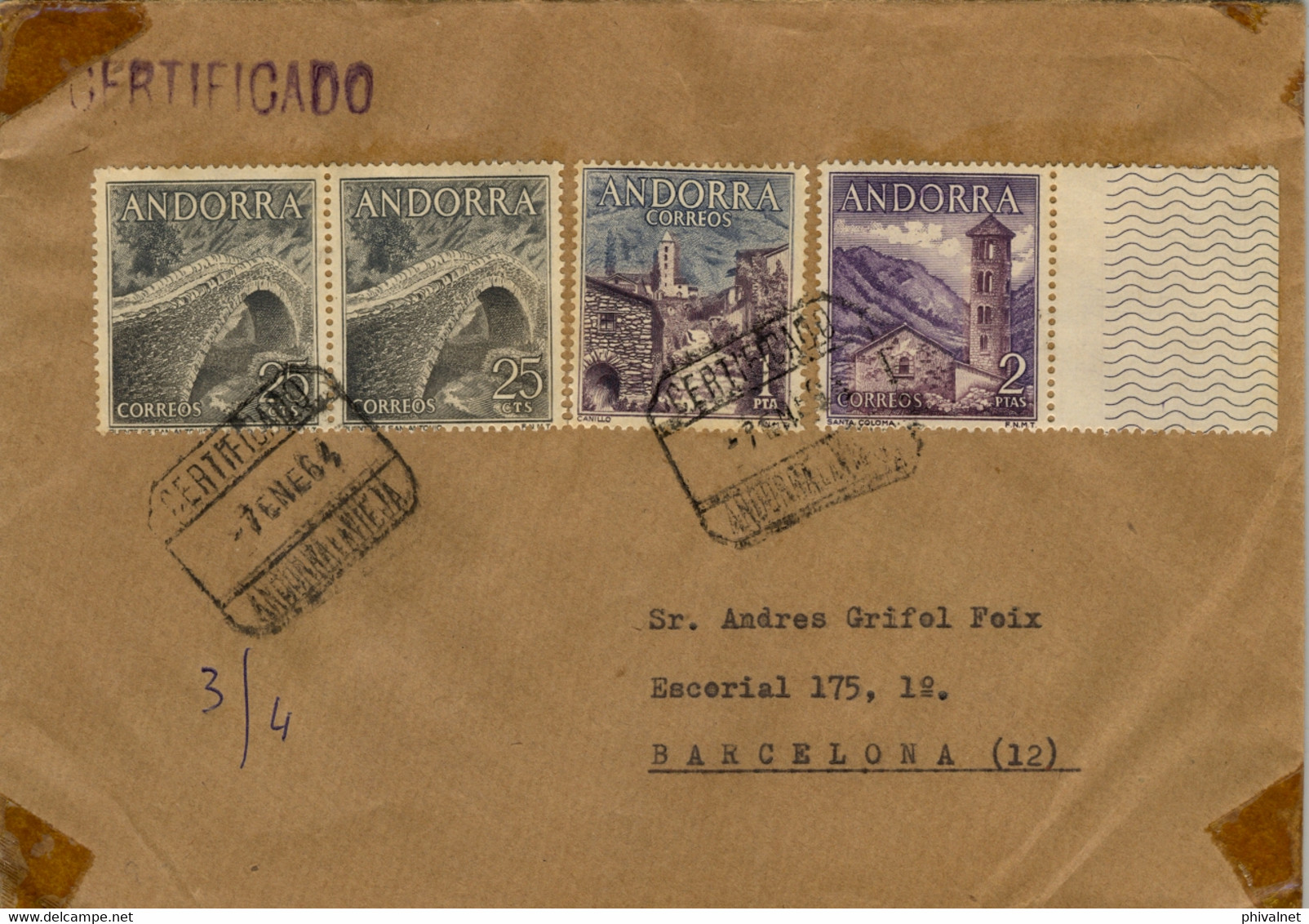 1964 , ANDORRA  - CORREO ESPAÑOL , SOBRE CERTIFICADO A BARCELONA , ED. 60 X 2 , 62 , 63 - Storia Postale