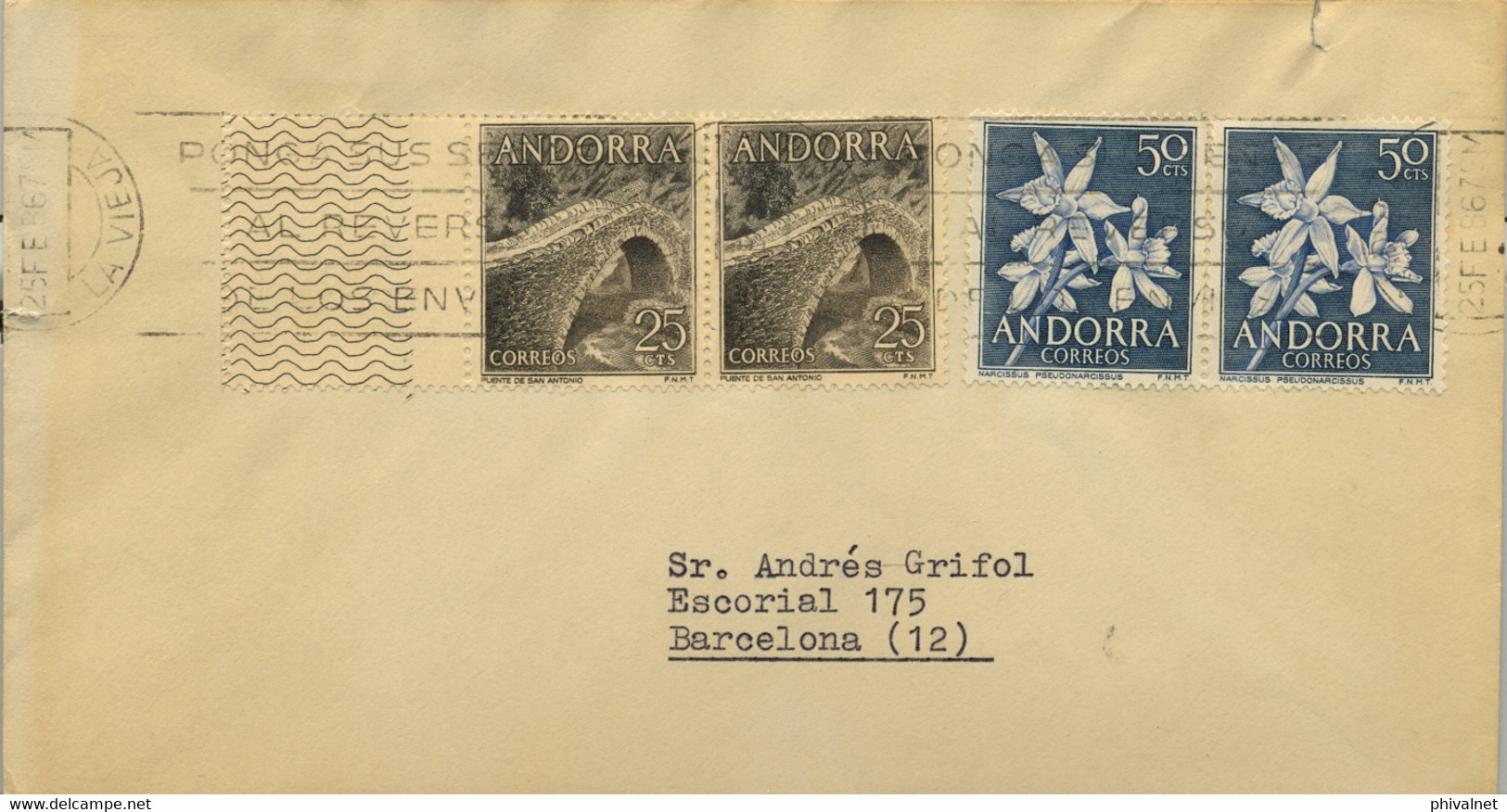 1967 , ANDORRA  - CORREO ESPAÑOL , SOBRE CIRCULADO A BARCELONA , ED. 60 X 2 , 68 X 2 - Cartas & Documentos