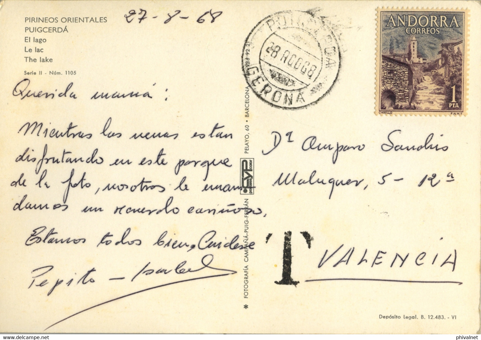 1968 , ANDORRA  - CORREO ESPAÑOL , ED. 62 , PUIGCERDÁ - VALENCIA , TASA , TAXE - Briefe U. Dokumente