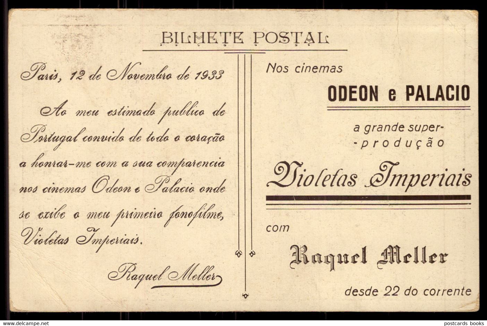 1933 Postal Publicitario CINEMAS ODEON E PALACIO Lisboa / PORTUGAL. Postcard Advertising Film W/RAQUEL MELLER - Lisboa